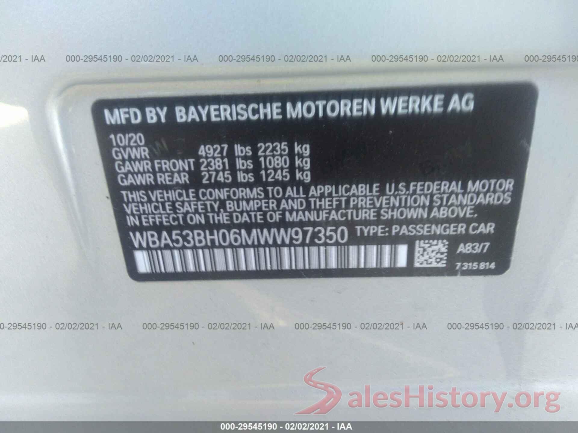 WBA53BH06MWW97350 2021 BMW 5 SERIES