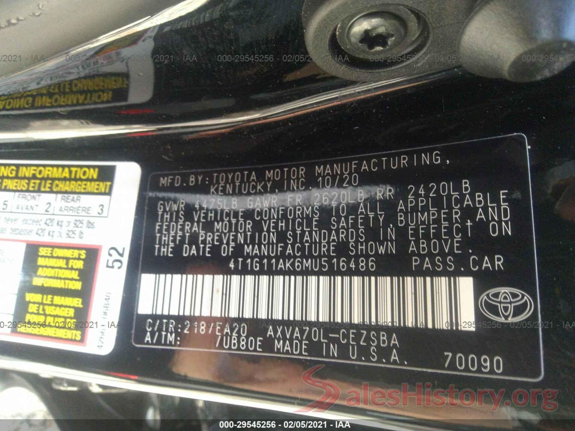 4T1G11AK6MU516486 2021 TOYOTA CAMRY