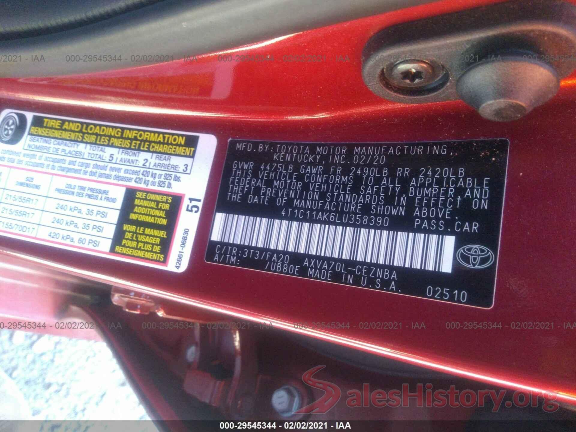 4T1C11AK6LU358390 2020 TOYOTA CAMRY