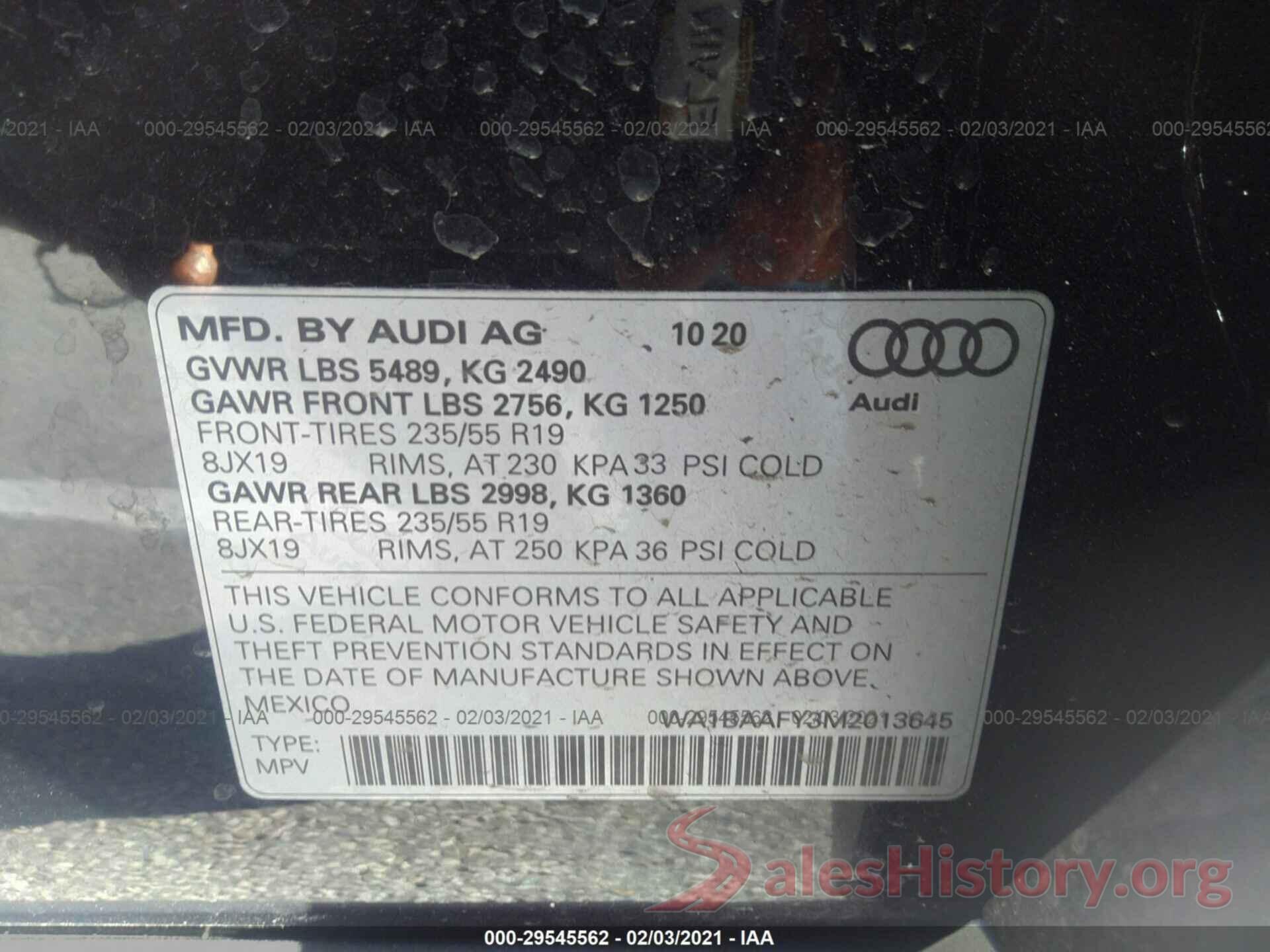 WA1BAAFY3M2013645 2021 AUDI Q5