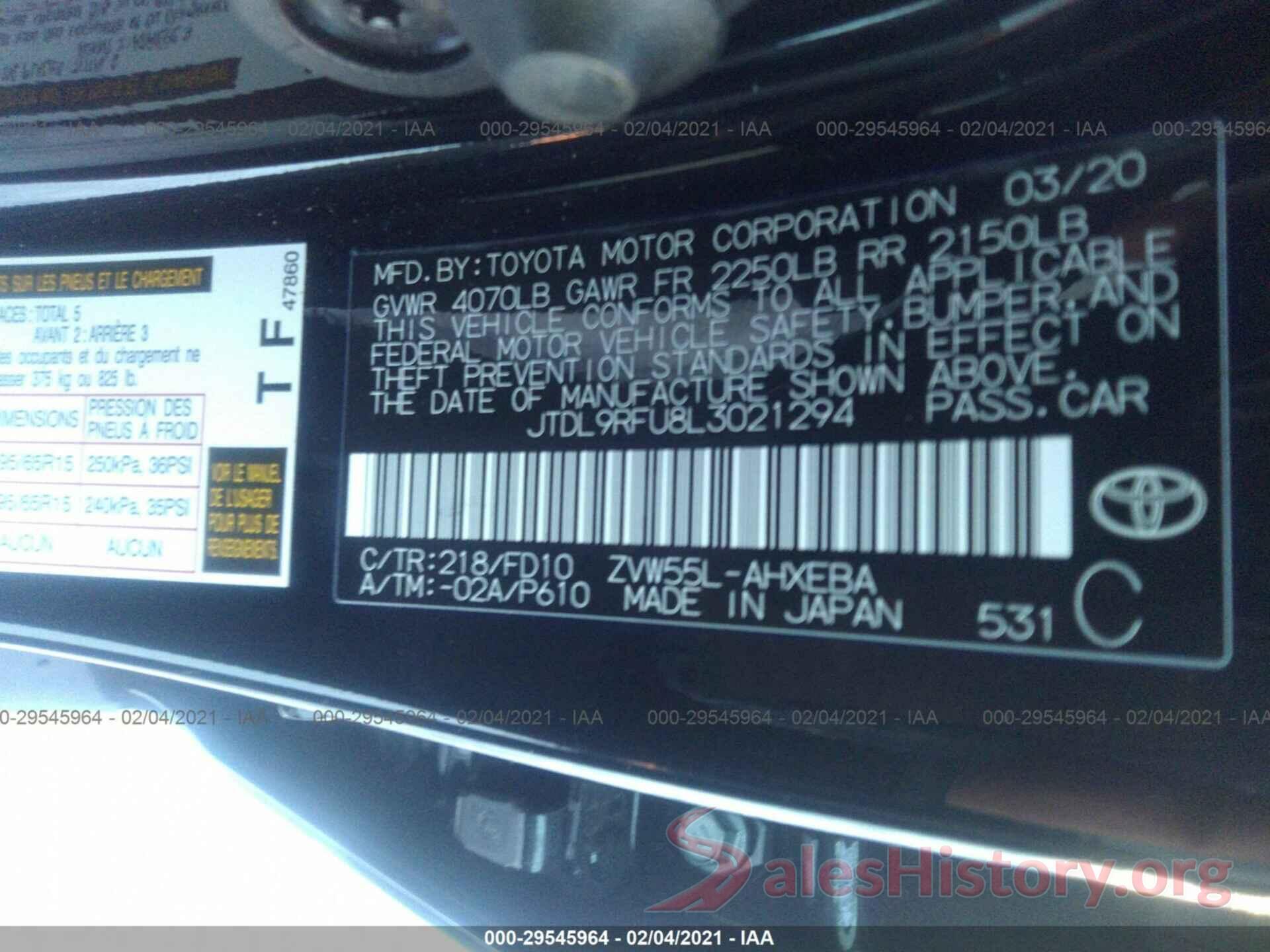 JTDL9RFU8L3021294 2020 TOYOTA PRIUS