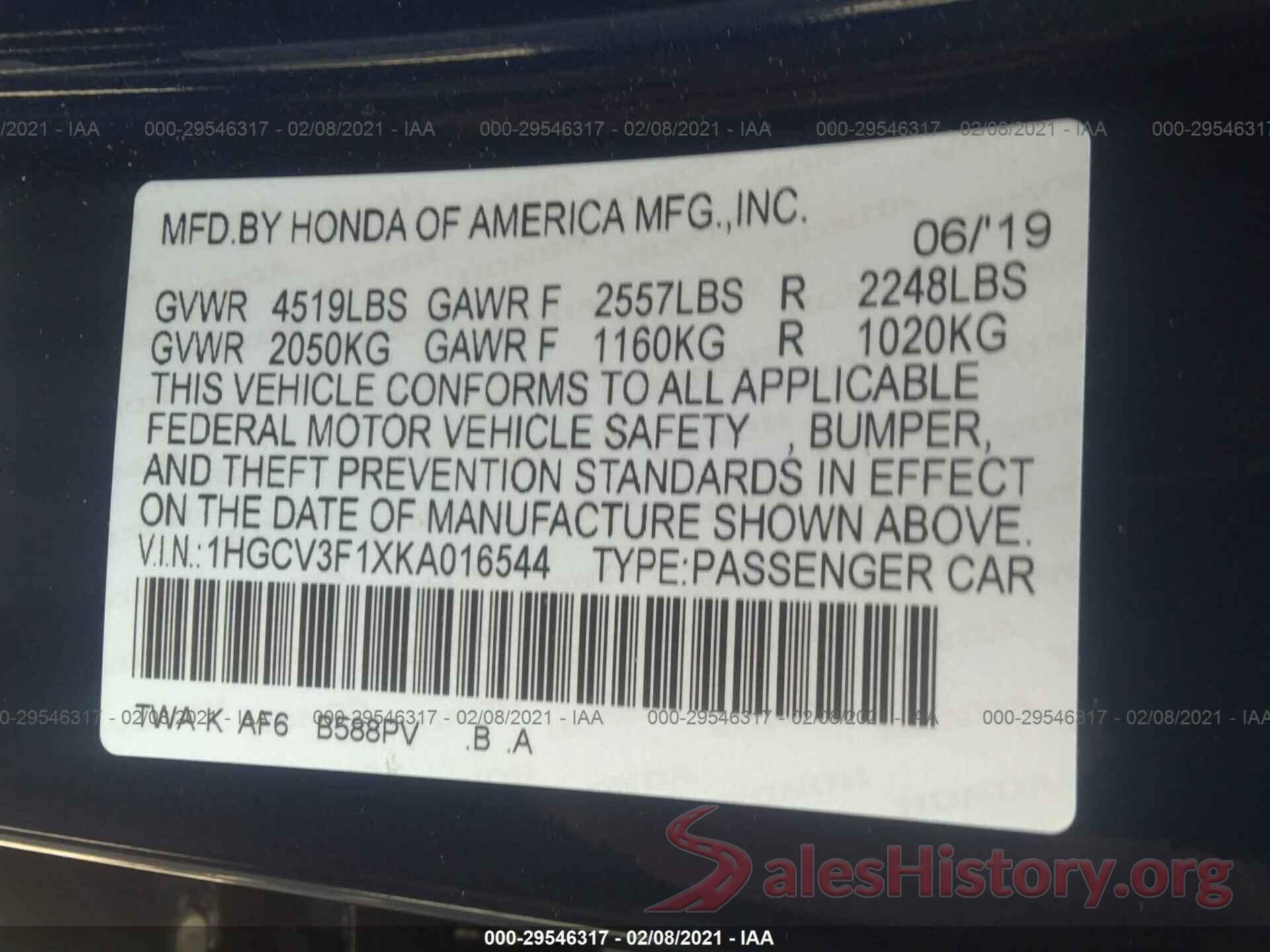 1HGCV3F1XKA016544 2019 HONDA ACCORD