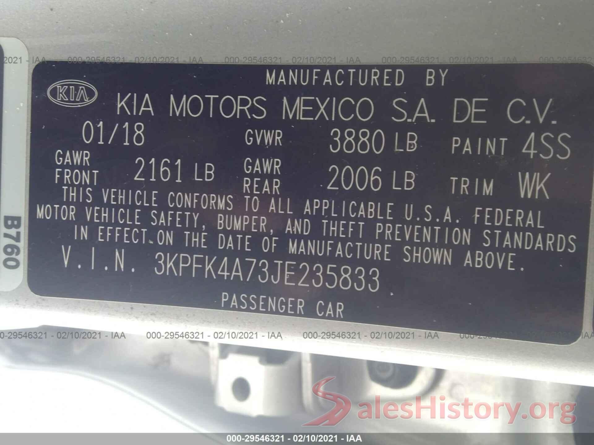 3KPFK4A73JE235833 2018 KIA FORTE