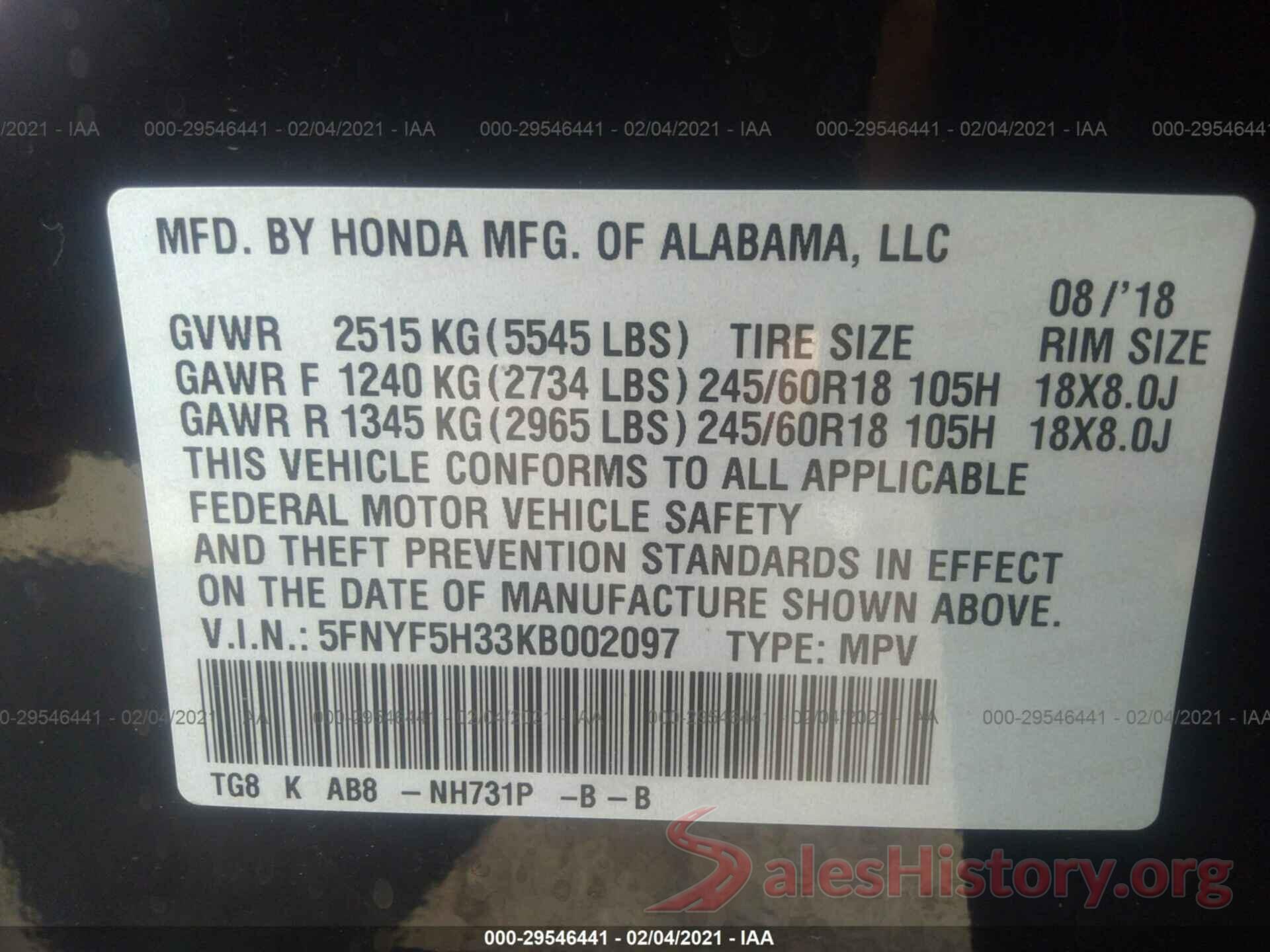 5FNYF5H33KB002097 2019 HONDA PILOT