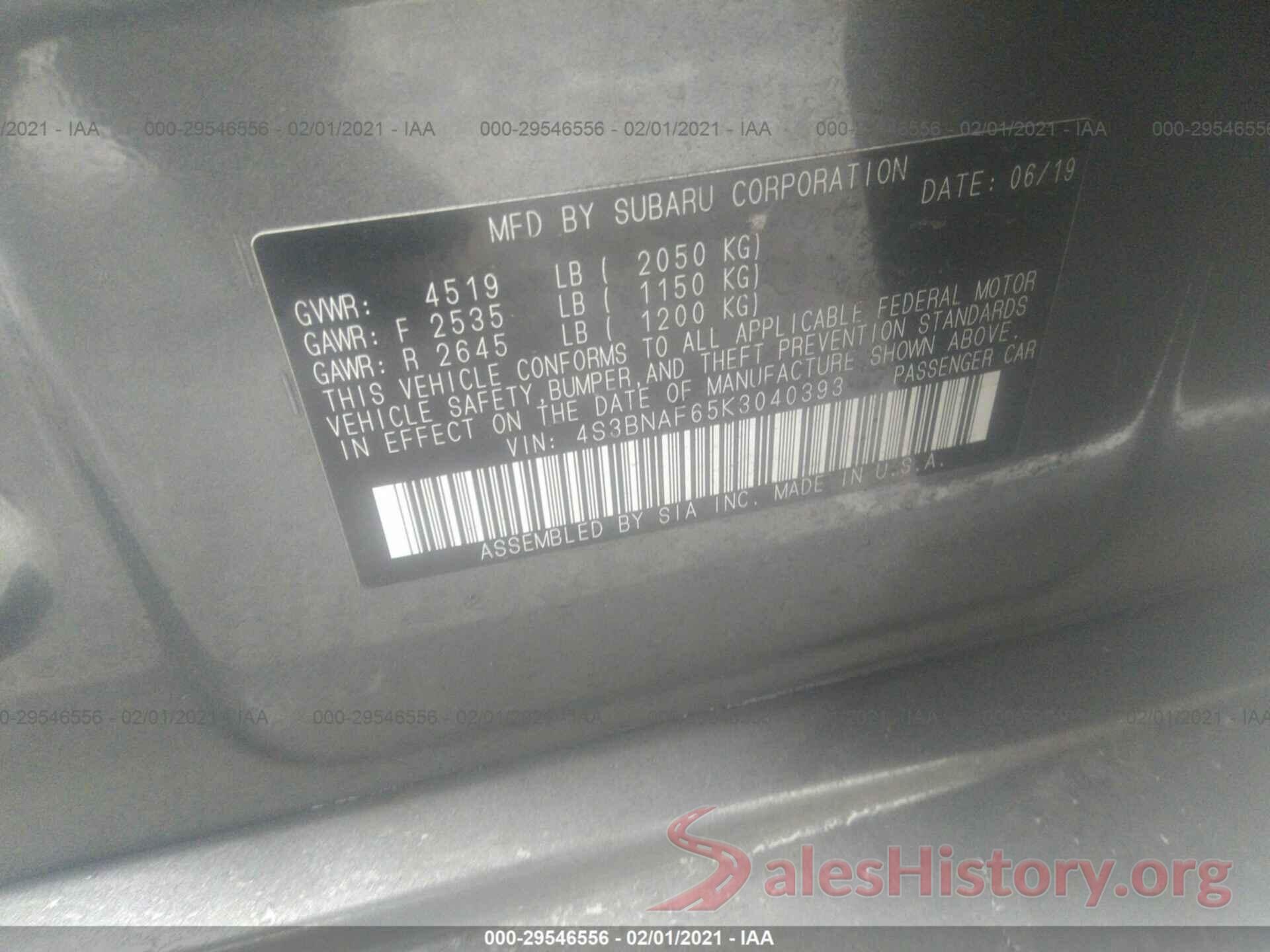 4S3BNAF65K3040393 2019 SUBARU LEGACY