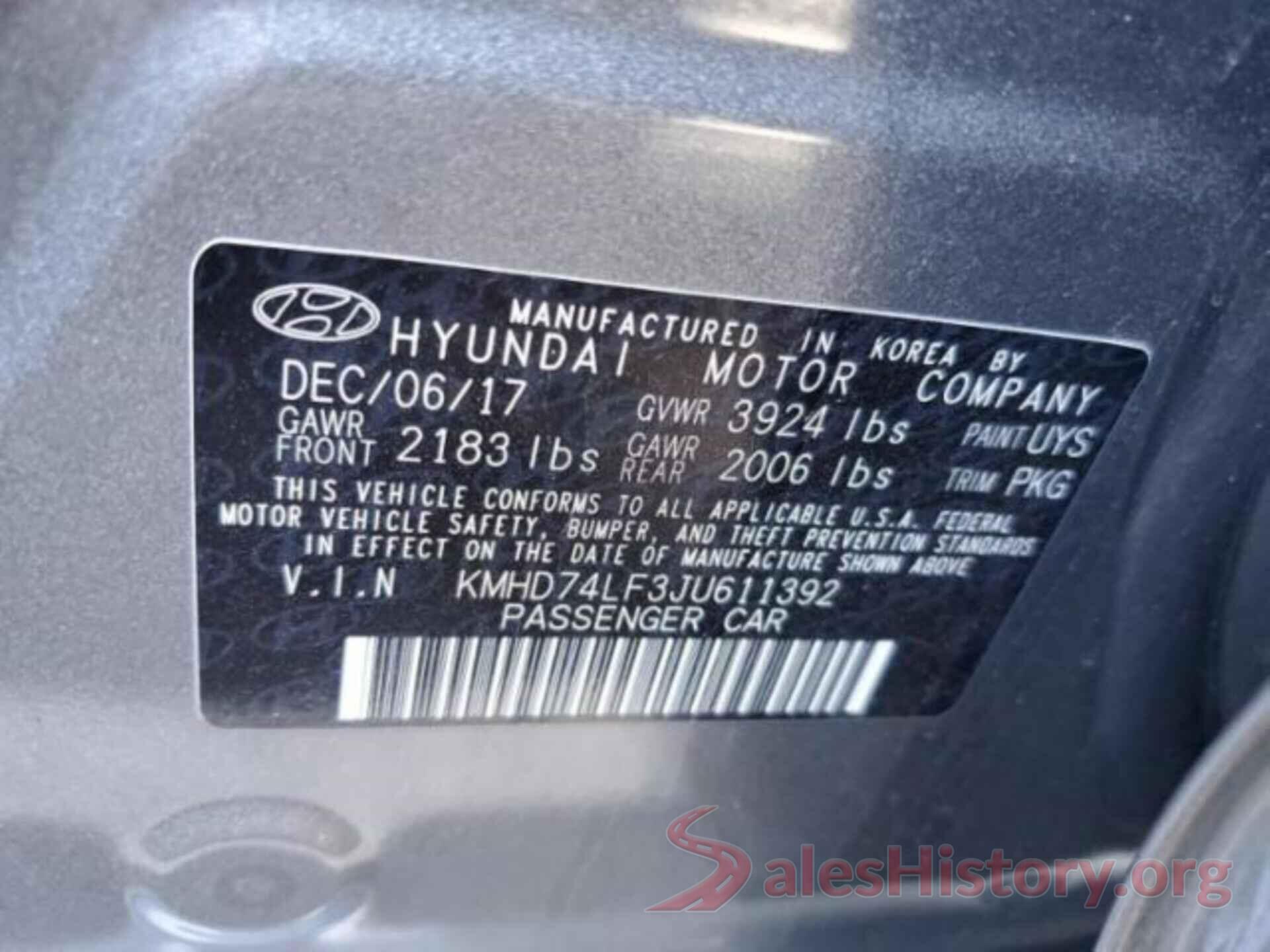 KMHD74LF3JU611392 2018 HYUNDAI ELANTRA