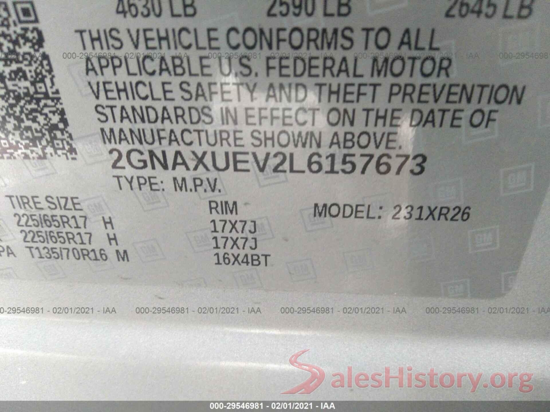 2GNAXUEV2L6157673 2020 CHEVROLET EQUINOX