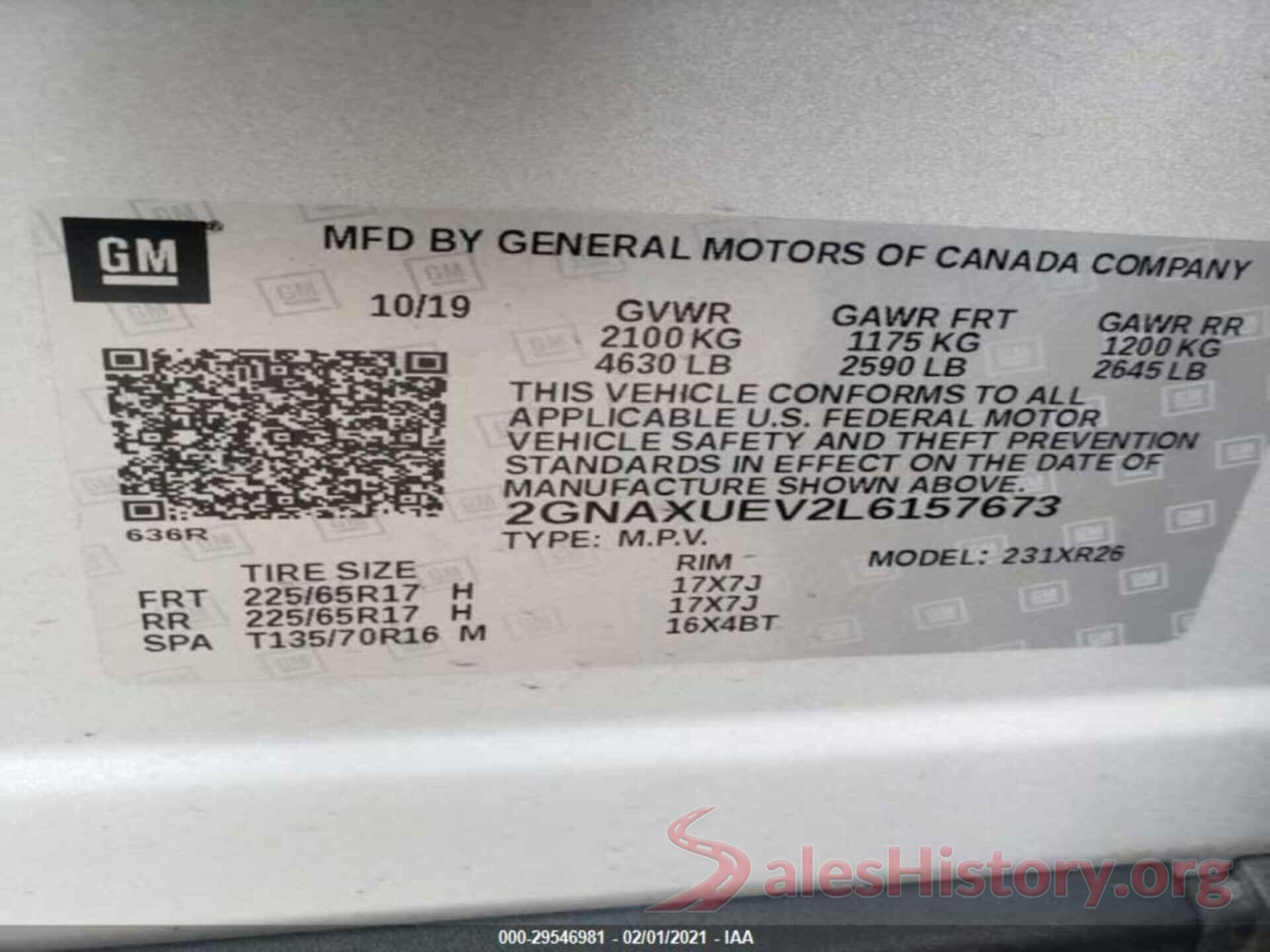 2GNAXUEV2L6157673 2020 CHEVROLET EQUINOX