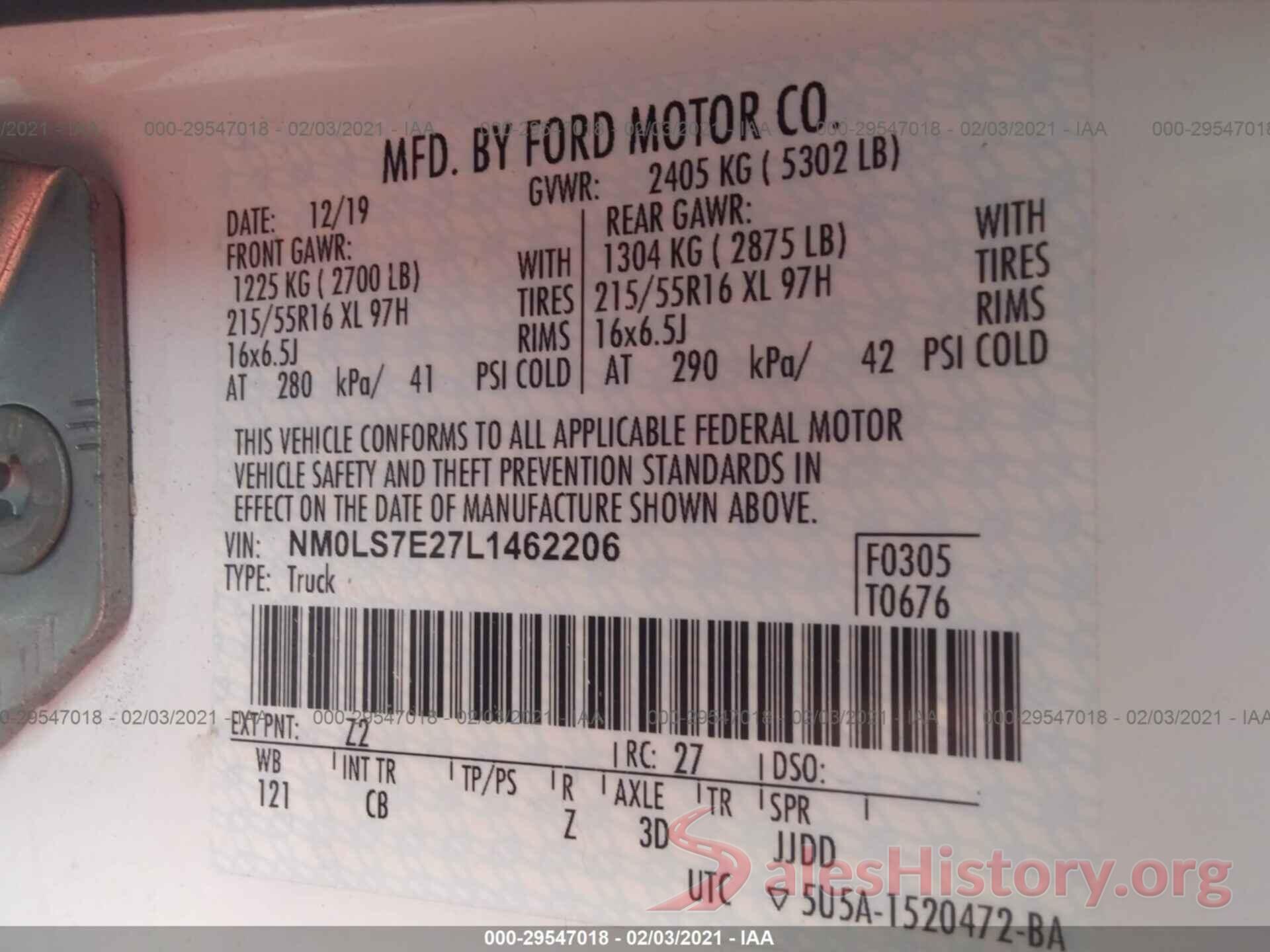 NM0LS7E27L1462206 2020 FORD TRANSIT CONNECT VAN