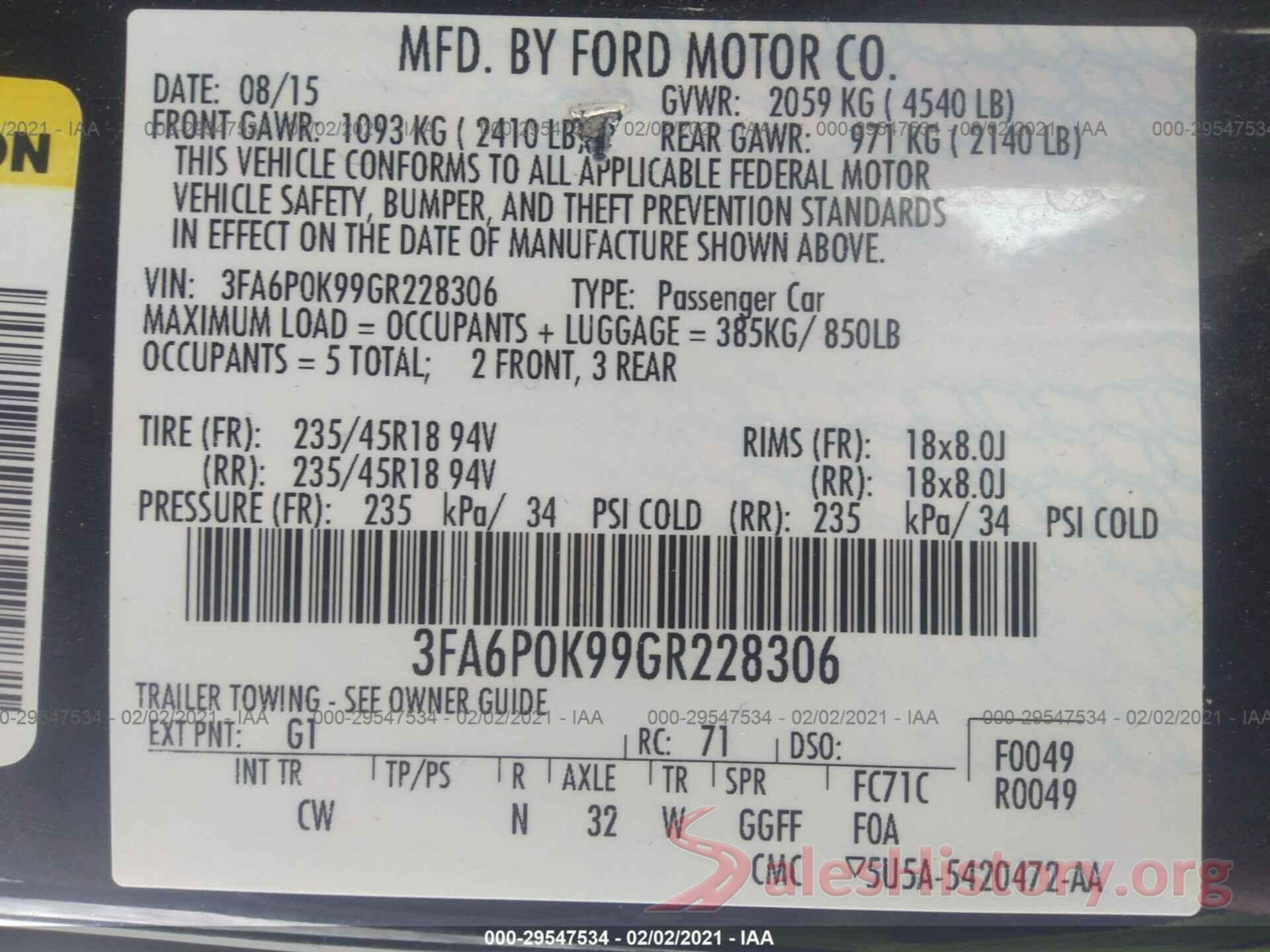 3FA6P0K99GR228306 2016 FORD FUSION