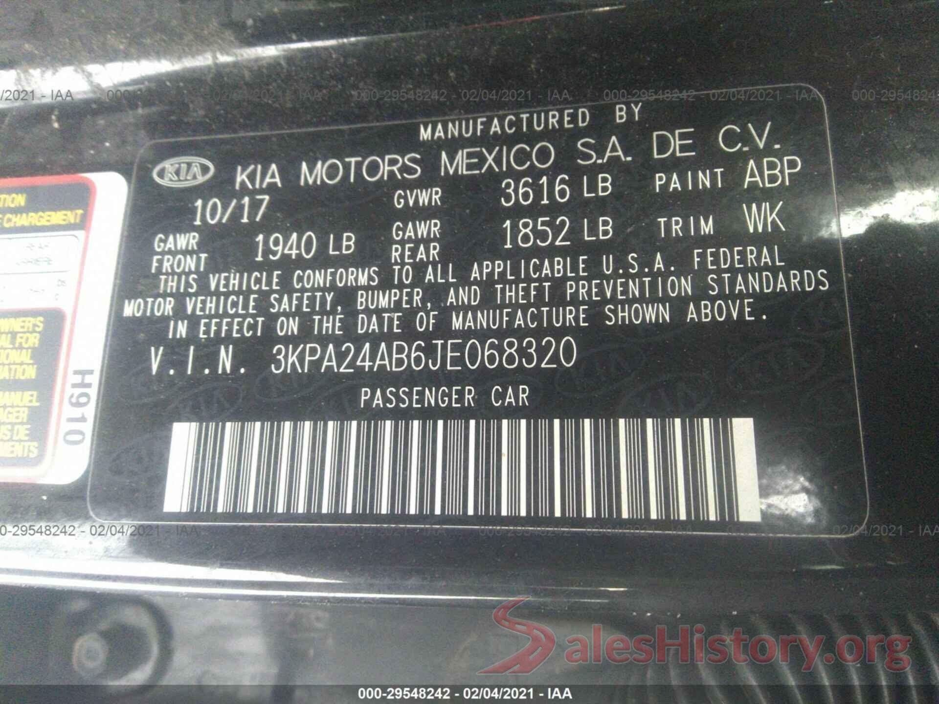 3KPA24AB6JE068320 2018 KIA RIO