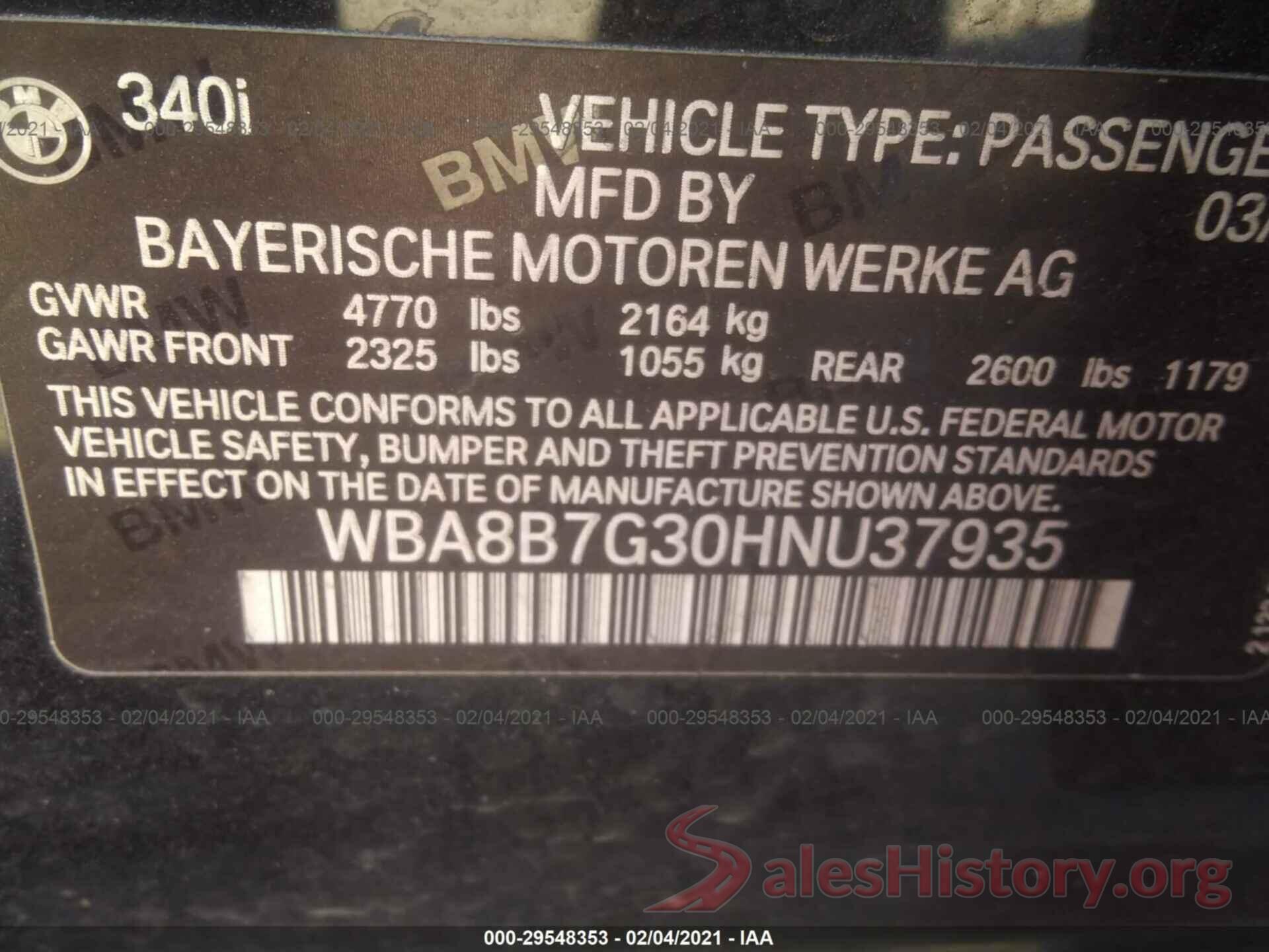 WBA8B7G30HNU37935 2017 BMW 3 SERIES