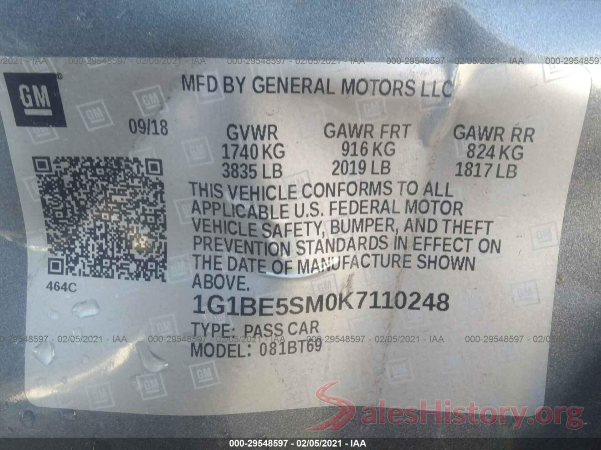 1G1BE5SM0K7110248 2019 CHEVROLET CRUZE