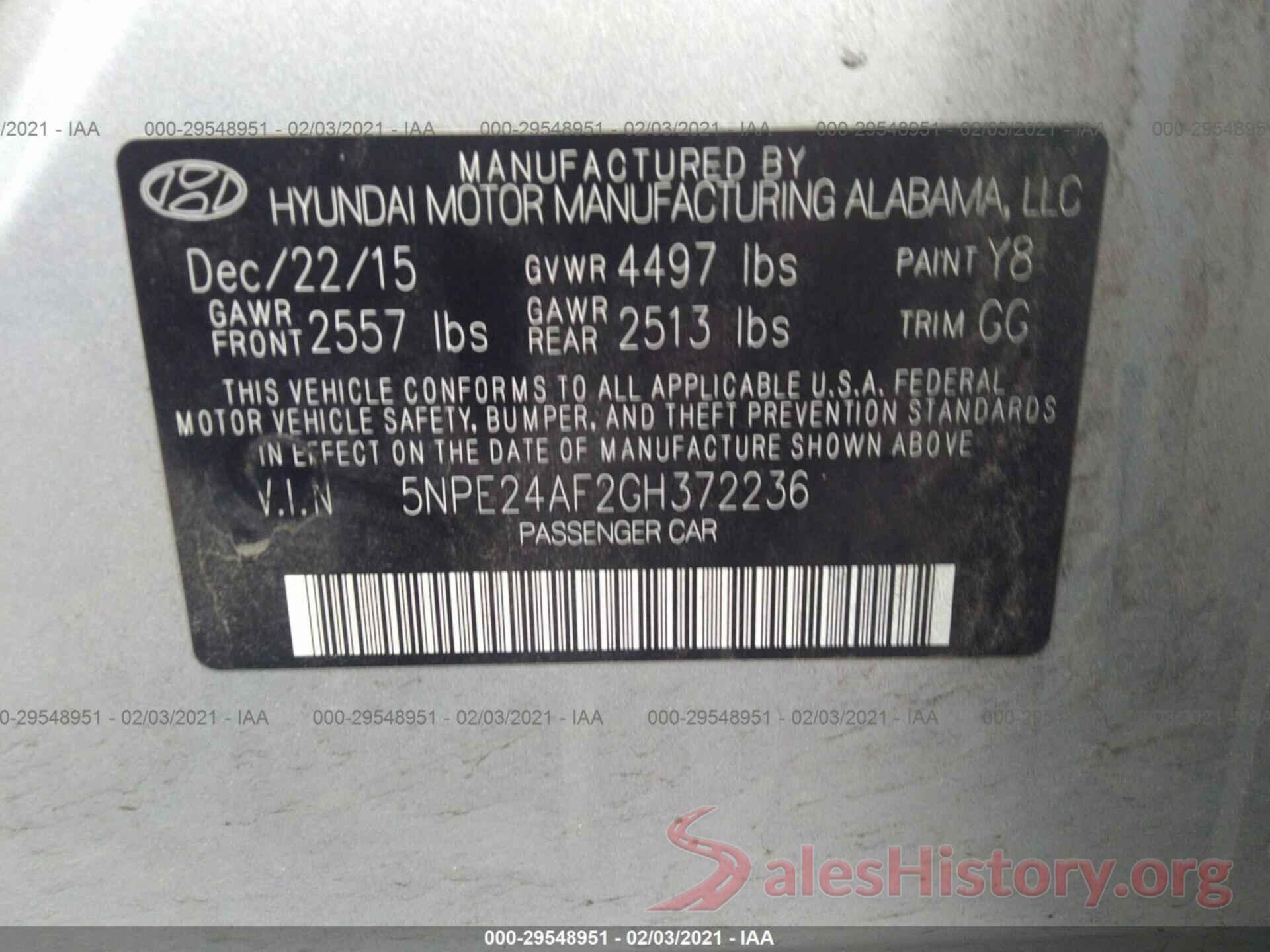 5NPE24AF2GH372236 2016 HYUNDAI SONATA