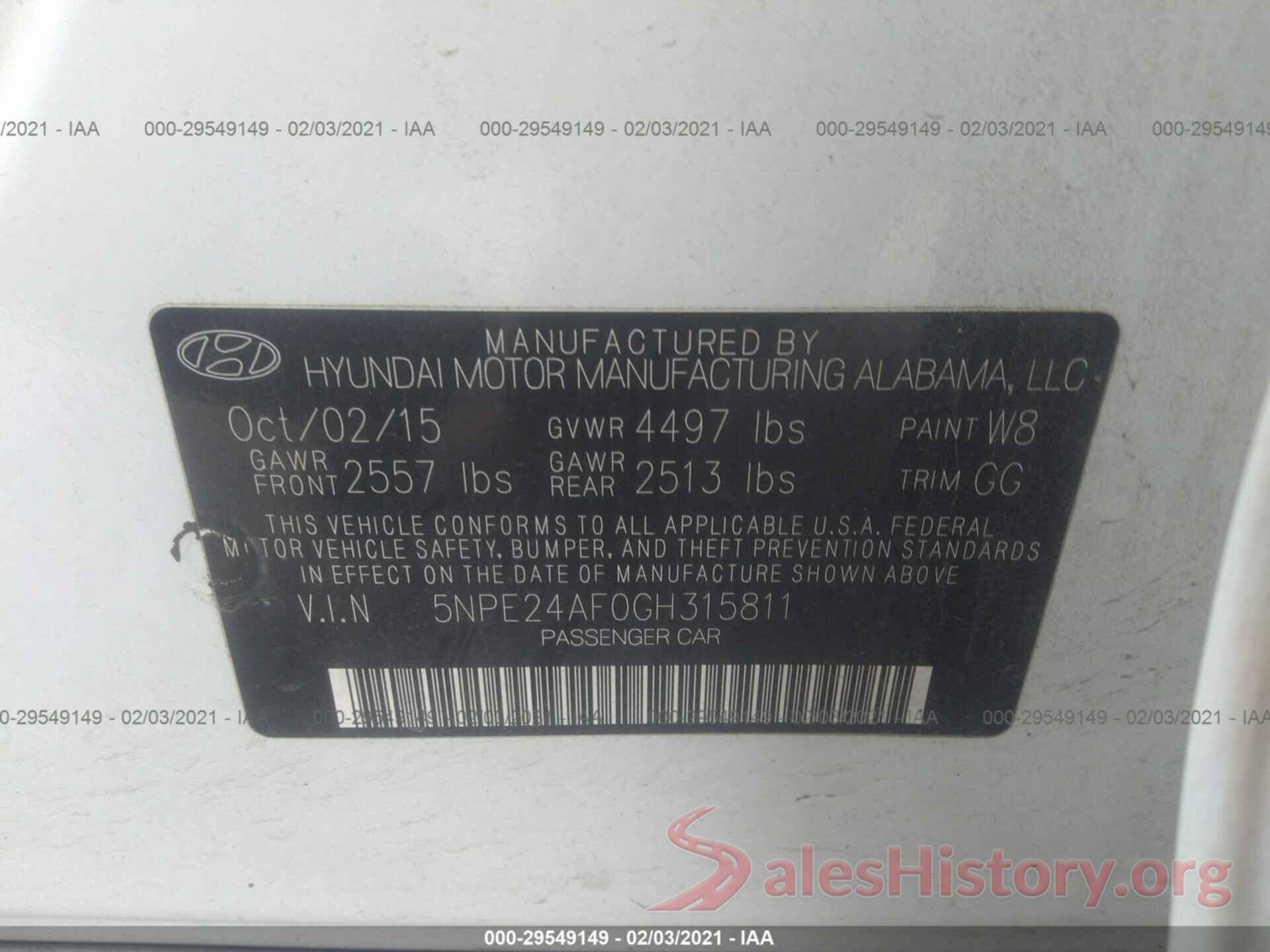 5NPE24AF0GH315811 2016 HYUNDAI SONATA