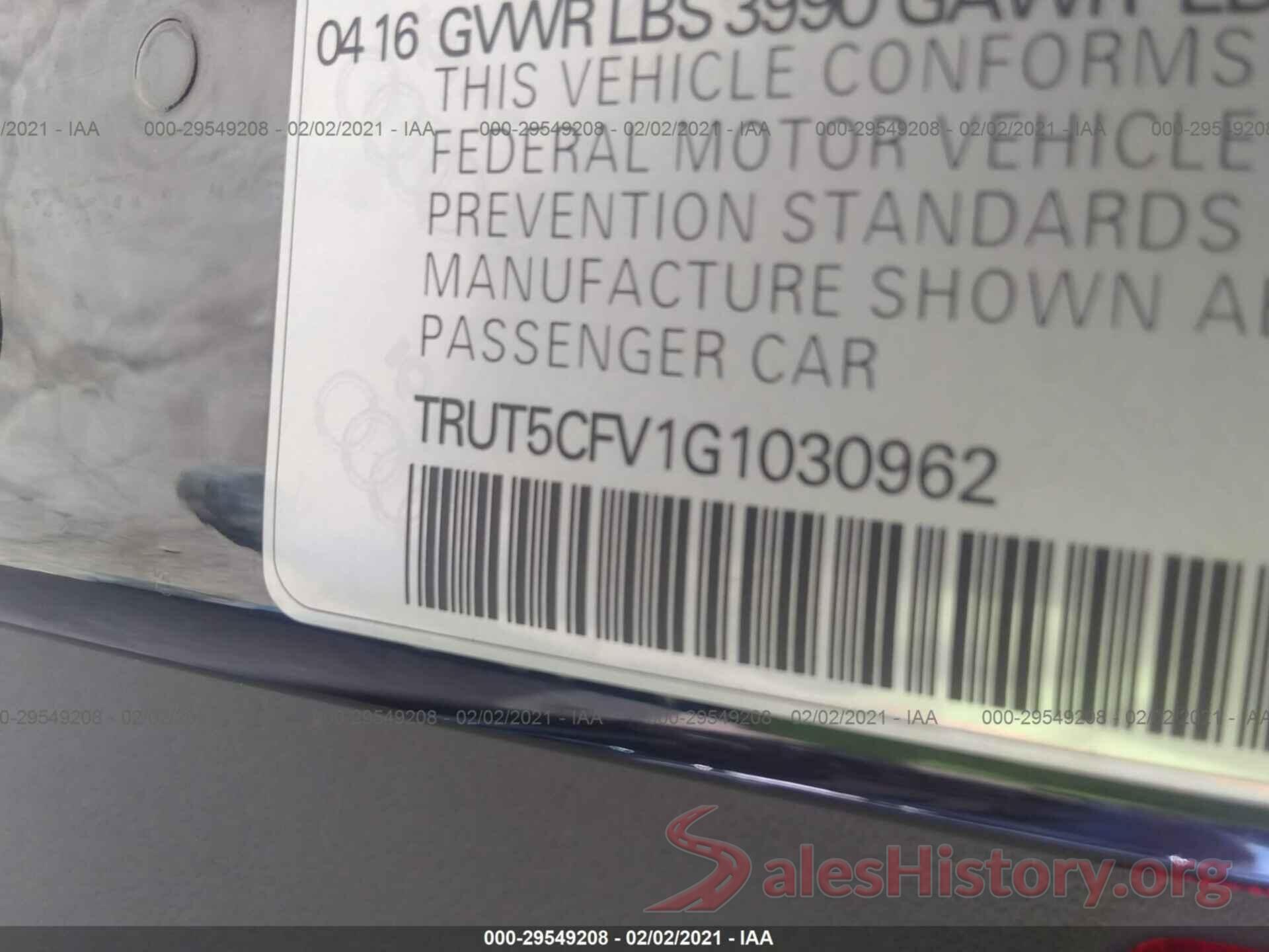 TRUT5CFV1G1030962 2016 AUDI TT