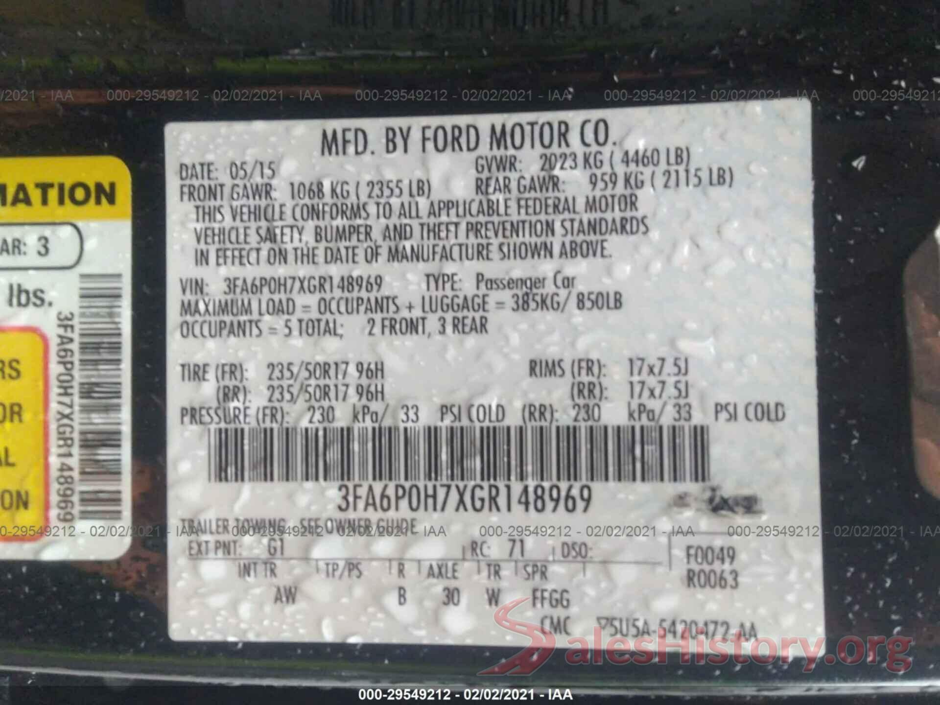 3FA6P0H7XGR148969 2016 FORD FUSION