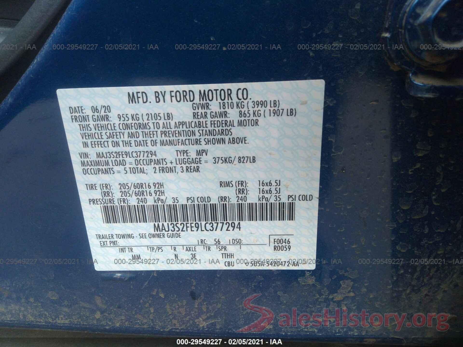 MAJ3S2FE9LC377294 2020 FORD ECOSPORT