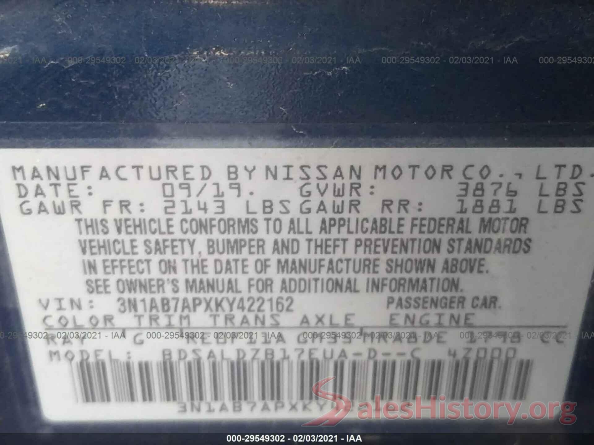 3N1AB7APXKY422162 2019 NISSAN SENTRA