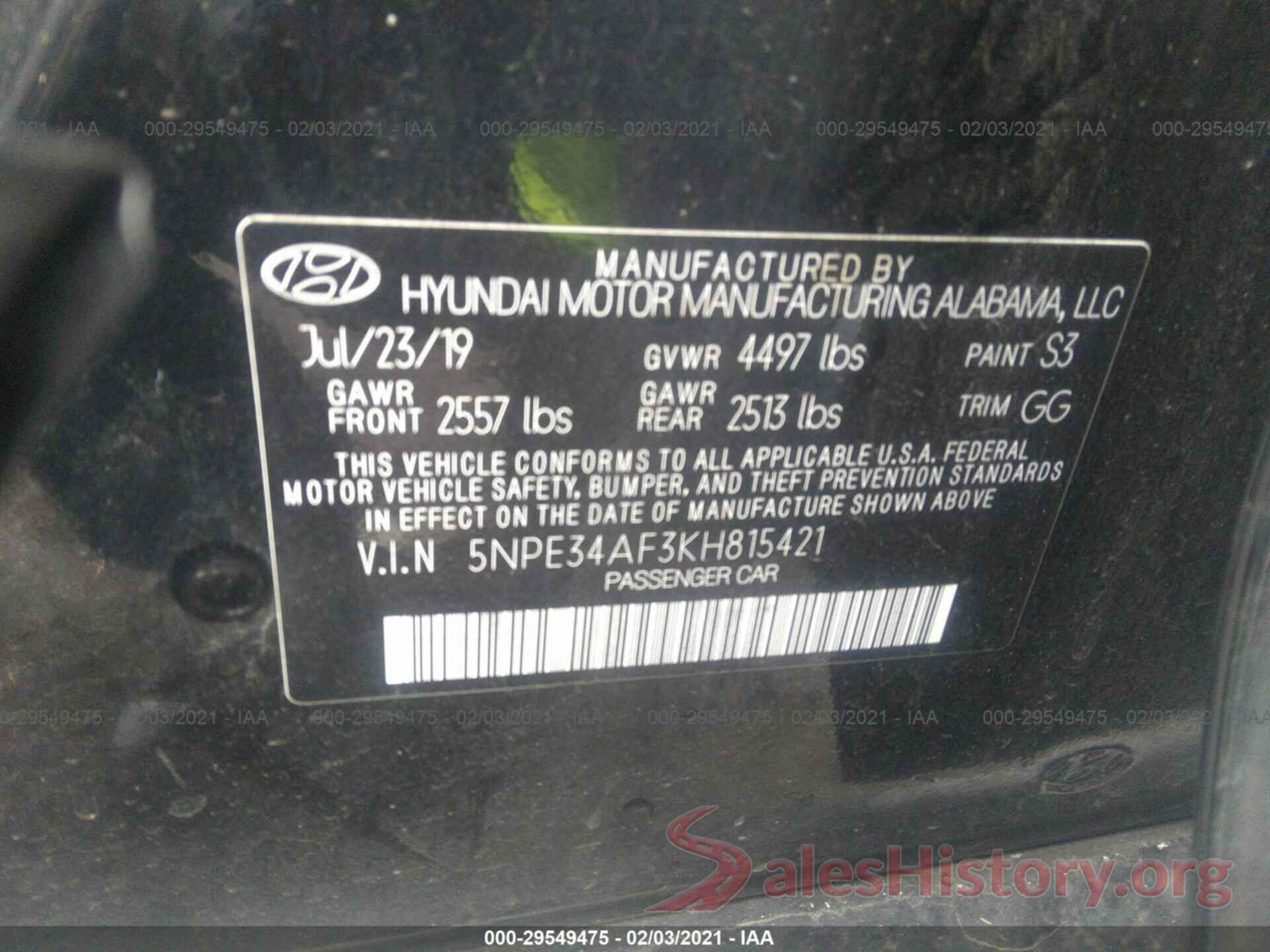 5NPE34AF3KH815421 2019 HYUNDAI SONATA