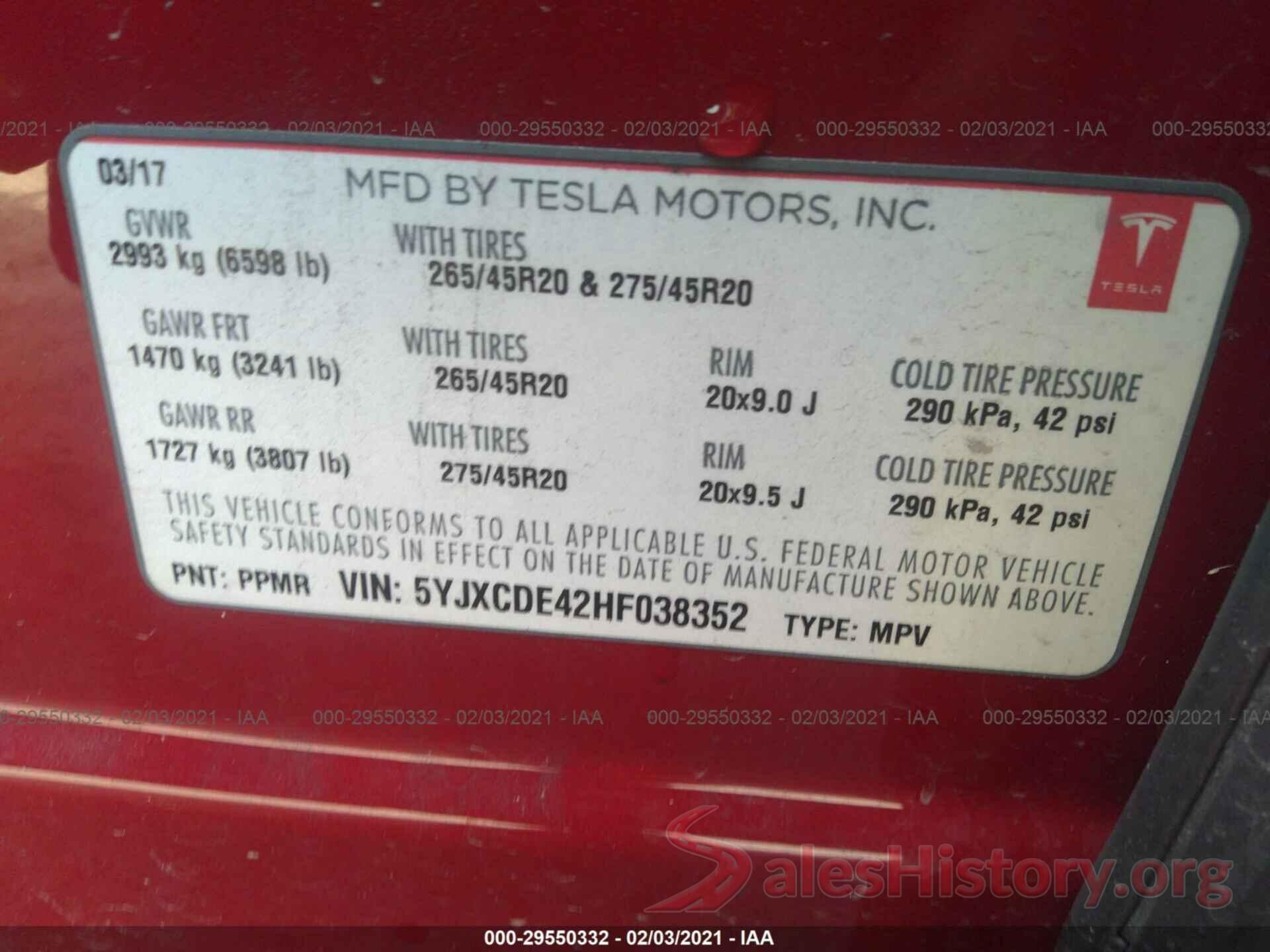 5YJXCDE42HF038352 2017 TESLA MODEL X