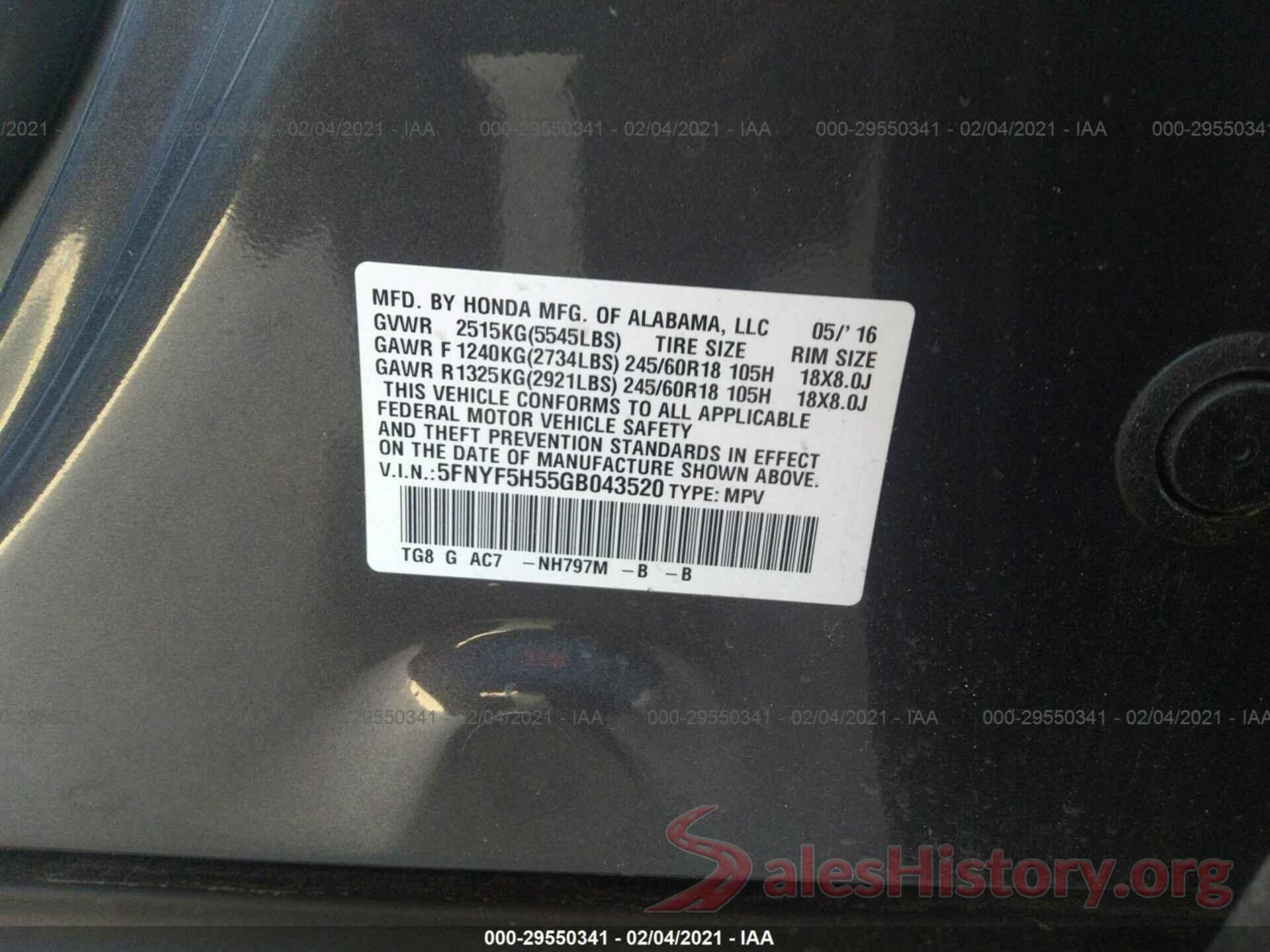 5FNYF5H55GB043520 2016 HONDA PILOT