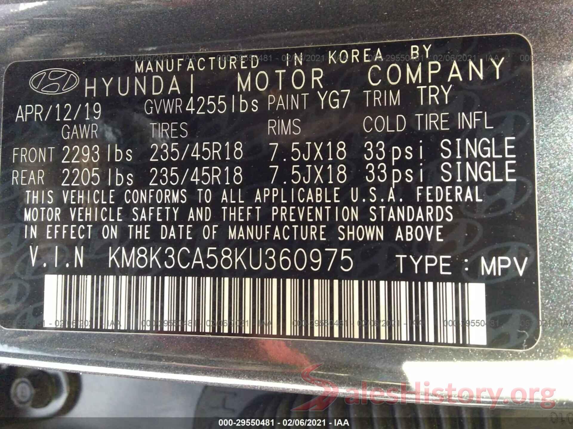 KM8K3CA58KU360975 2019 HYUNDAI KONA