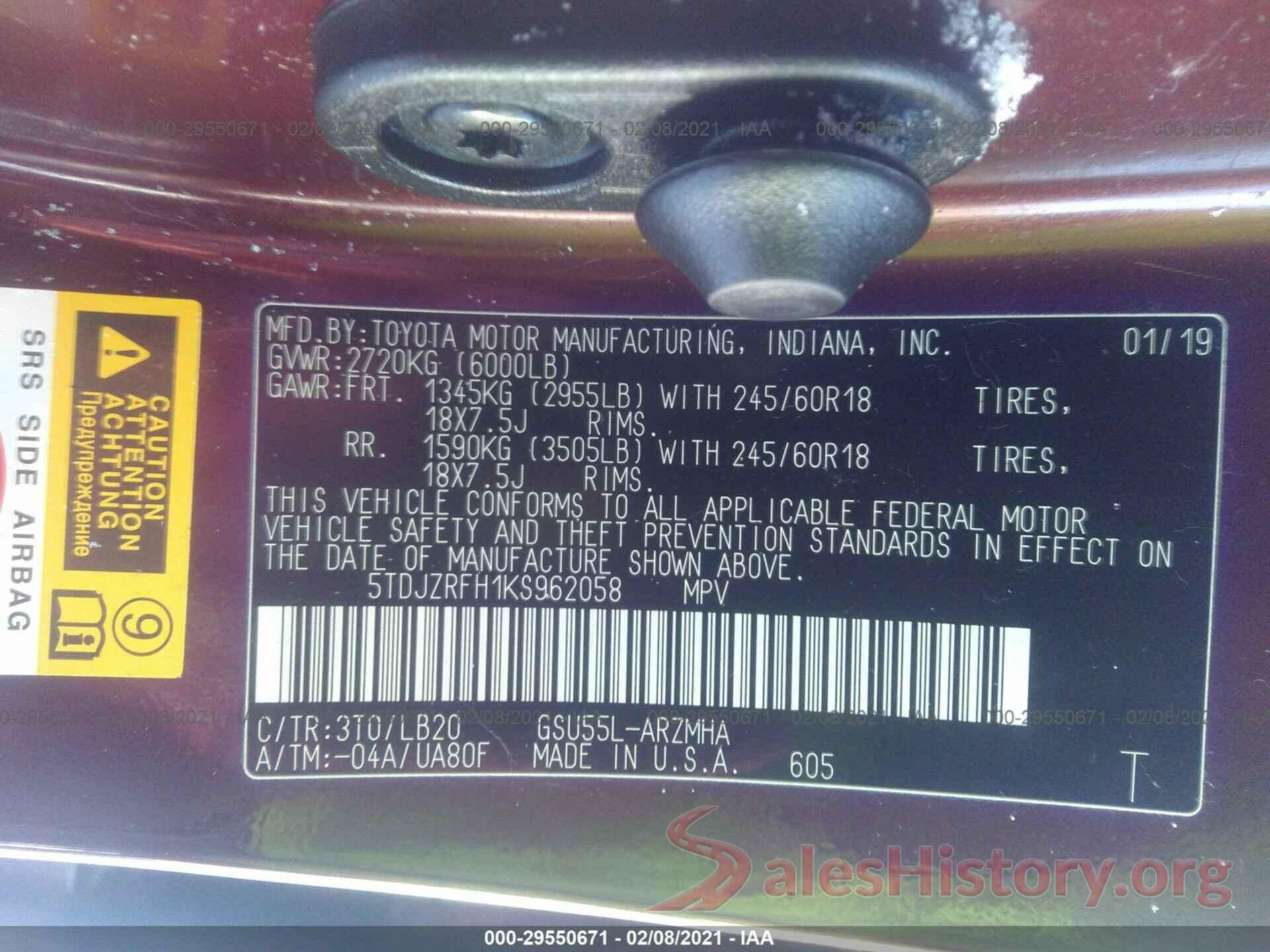 5TDJZRFH1KS962058 2019 TOYOTA HIGHLANDER