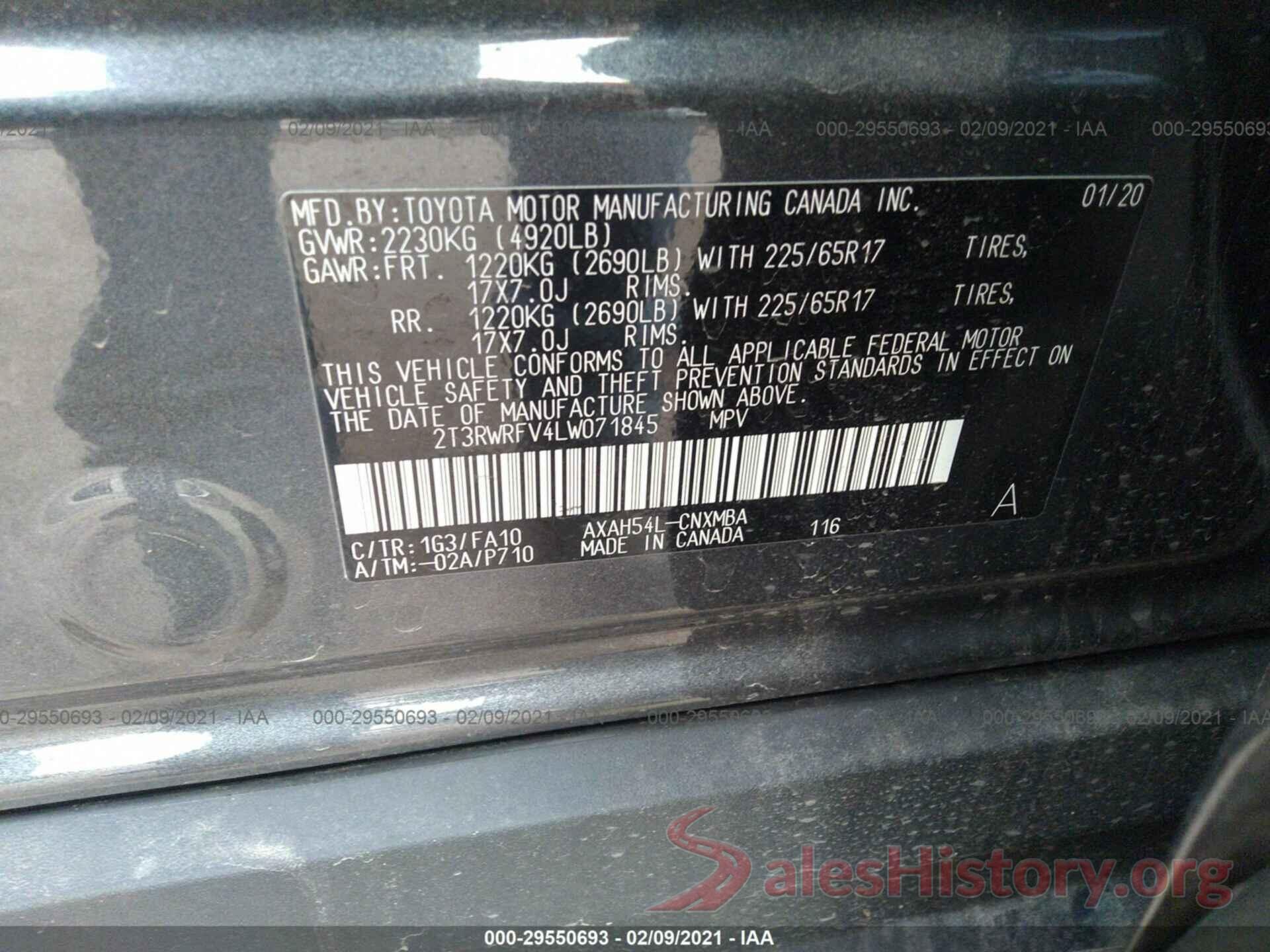 2T3RWRFV4LW071845 2020 TOYOTA RAV4