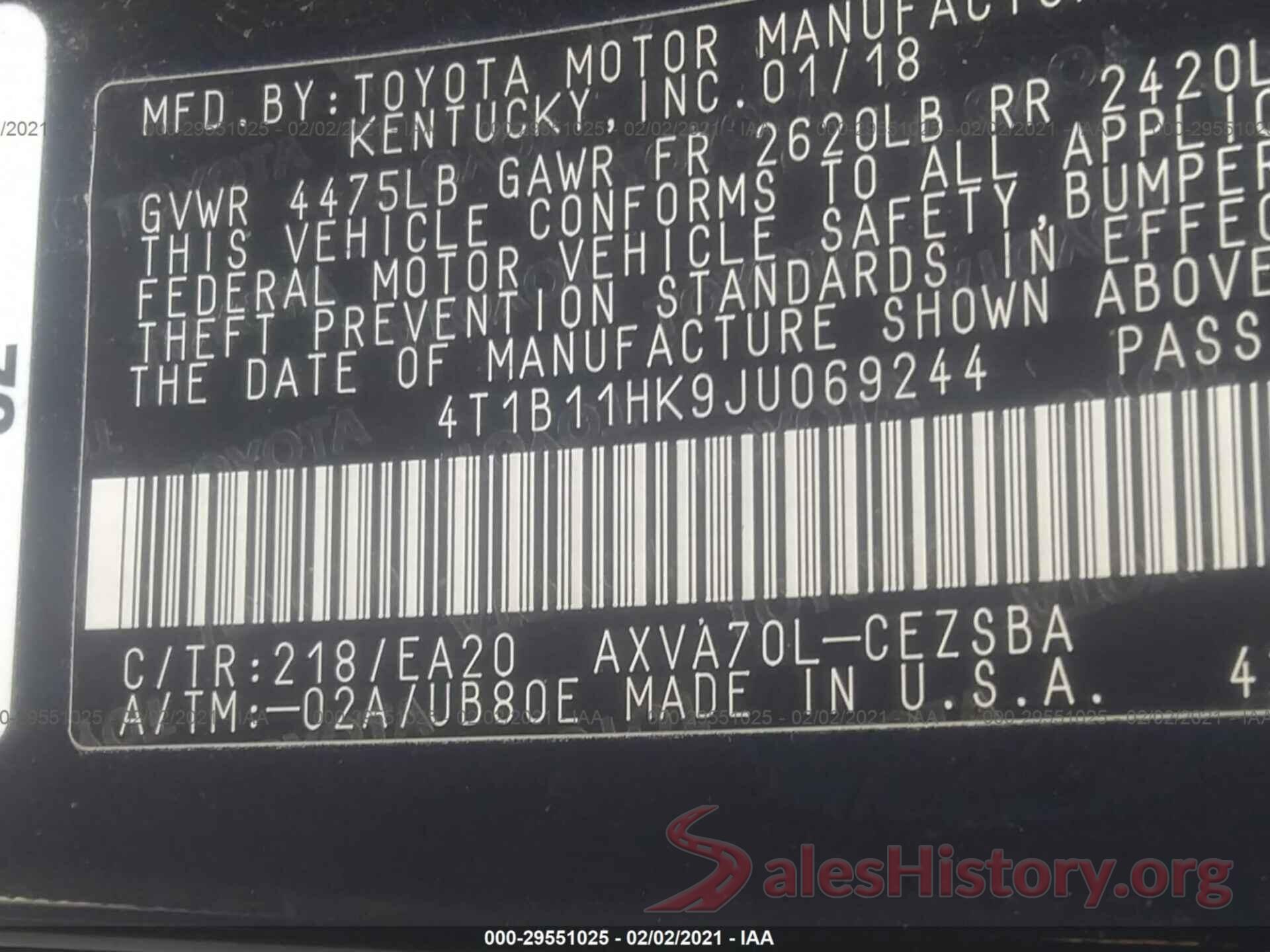 4T1B11HK9JU069244 2018 TOYOTA CAMRY