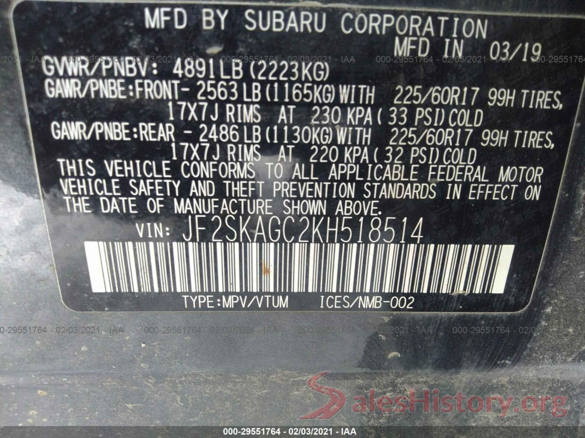 JF2SKAGC2KH518514 2019 SUBARU FORESTER