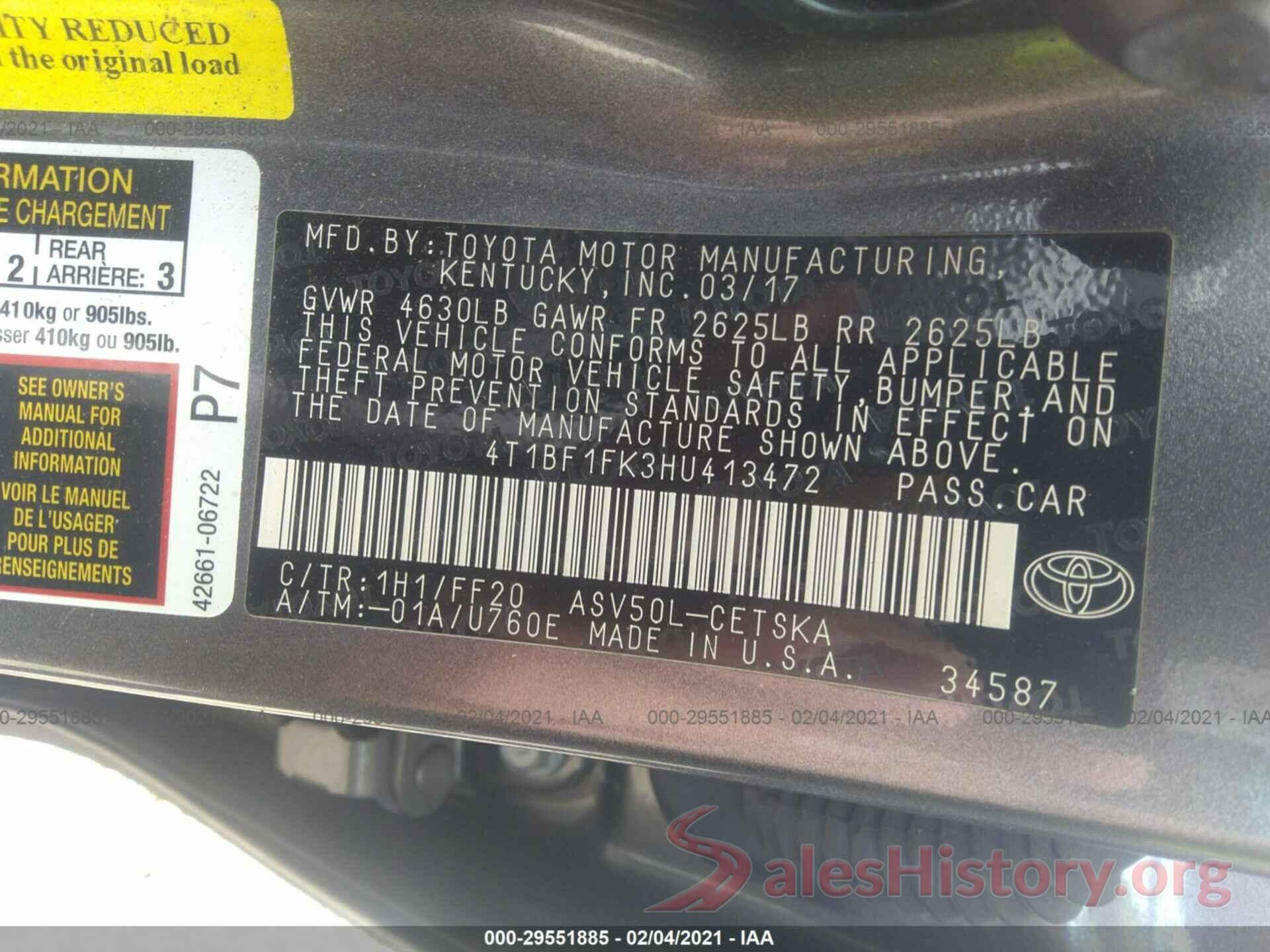 4T1BF1FK3HU413472 2017 TOYOTA CAMRY