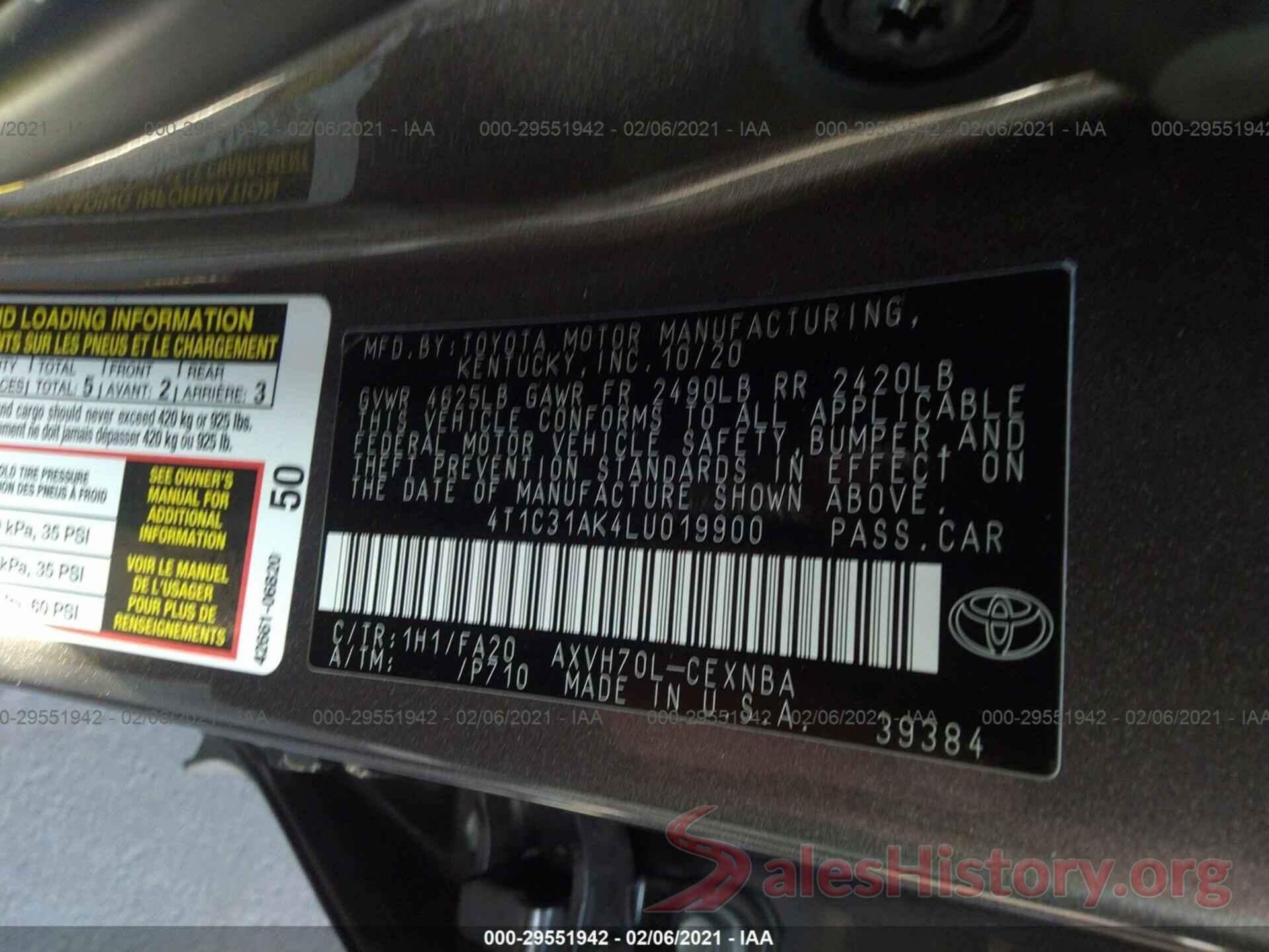 4T1C31AK4LU019900 2020 TOYOTA CAMRY