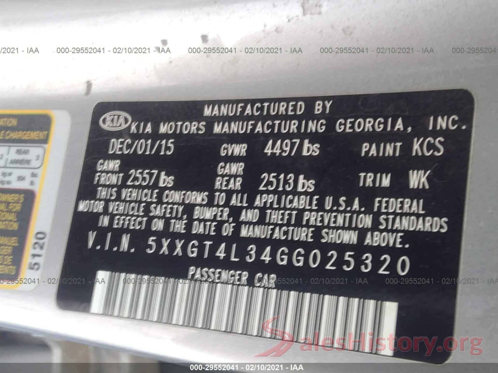 5XXGT4L34GG025320 2016 KIA OPTIMA