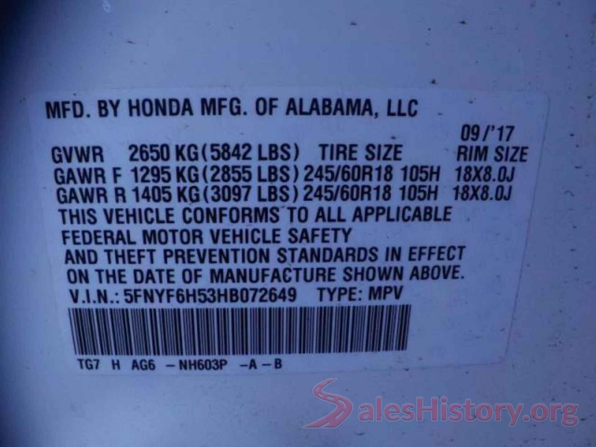 5FNYF6H53HB072649 2017 HONDA PILOT