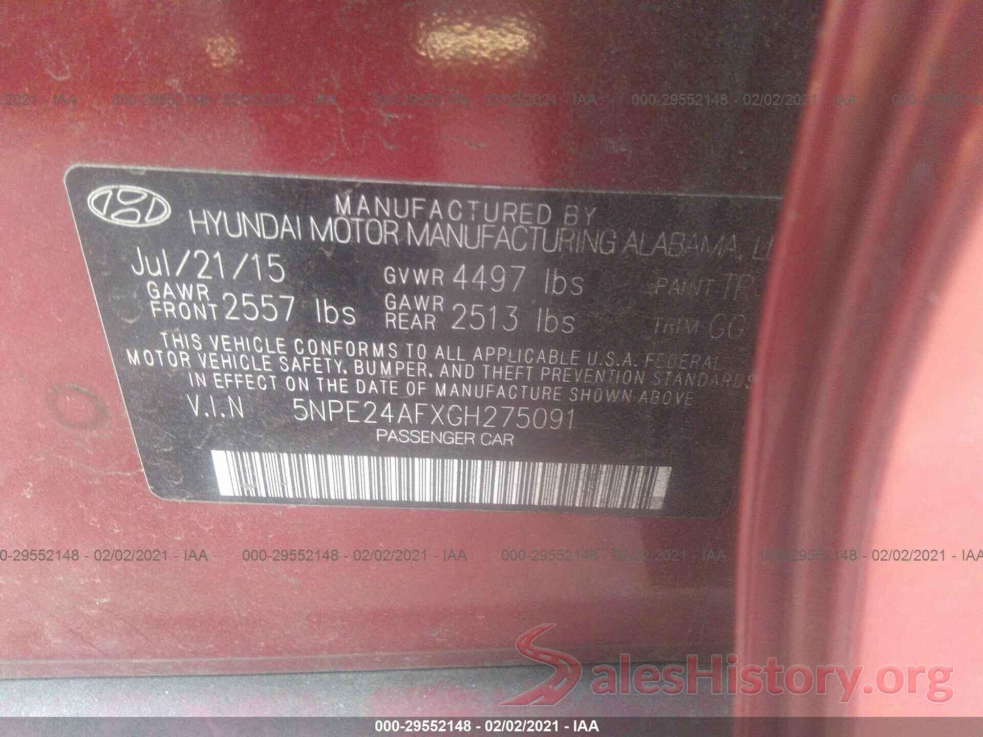 5NPE24AFXGH275091 2016 HYUNDAI SONATA