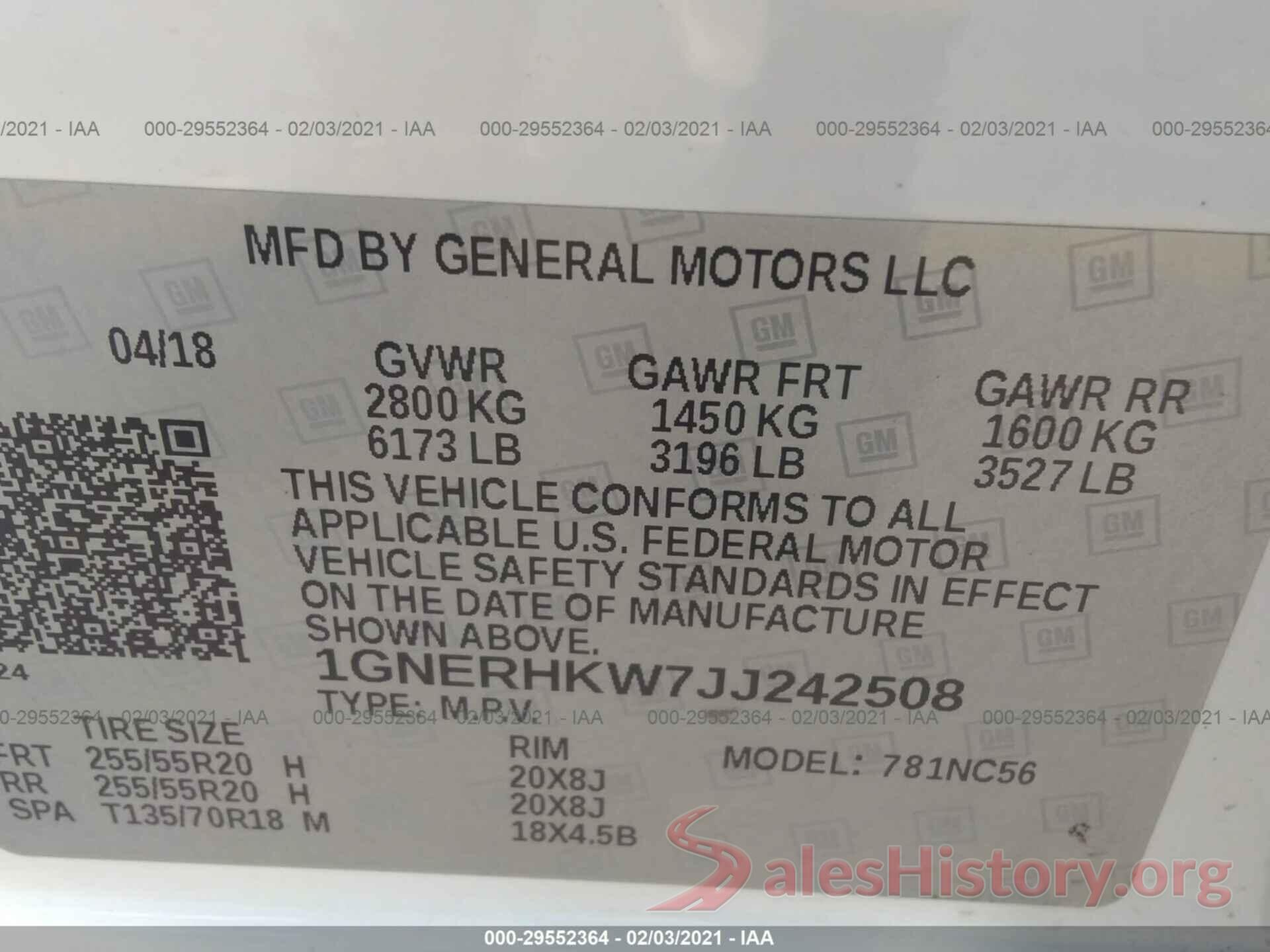 1GNERHKW7JJ242508 2018 CHEVROLET TRAVERSE