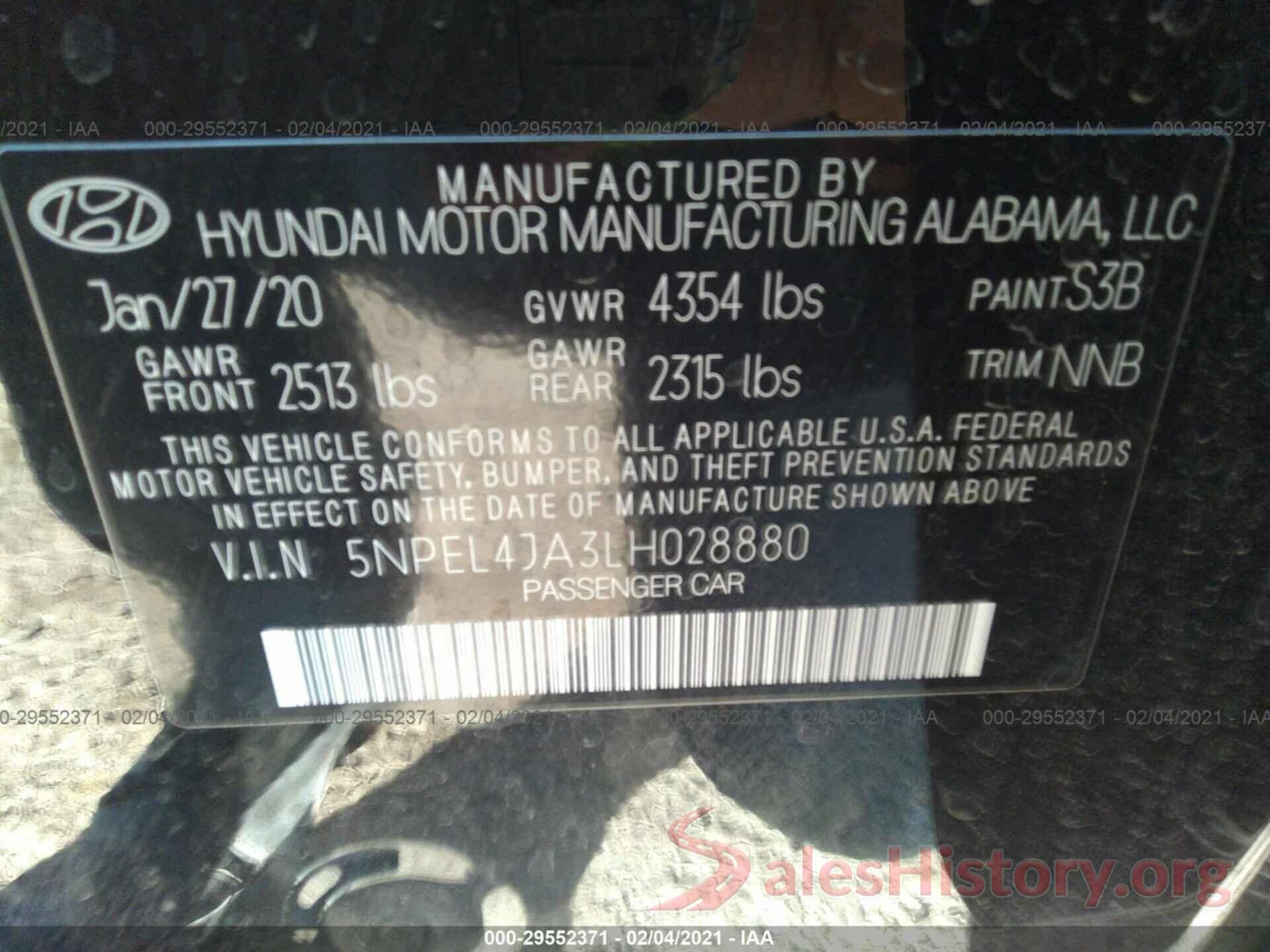 5NPEL4JA3LH028880 2020 HYUNDAI SONATA