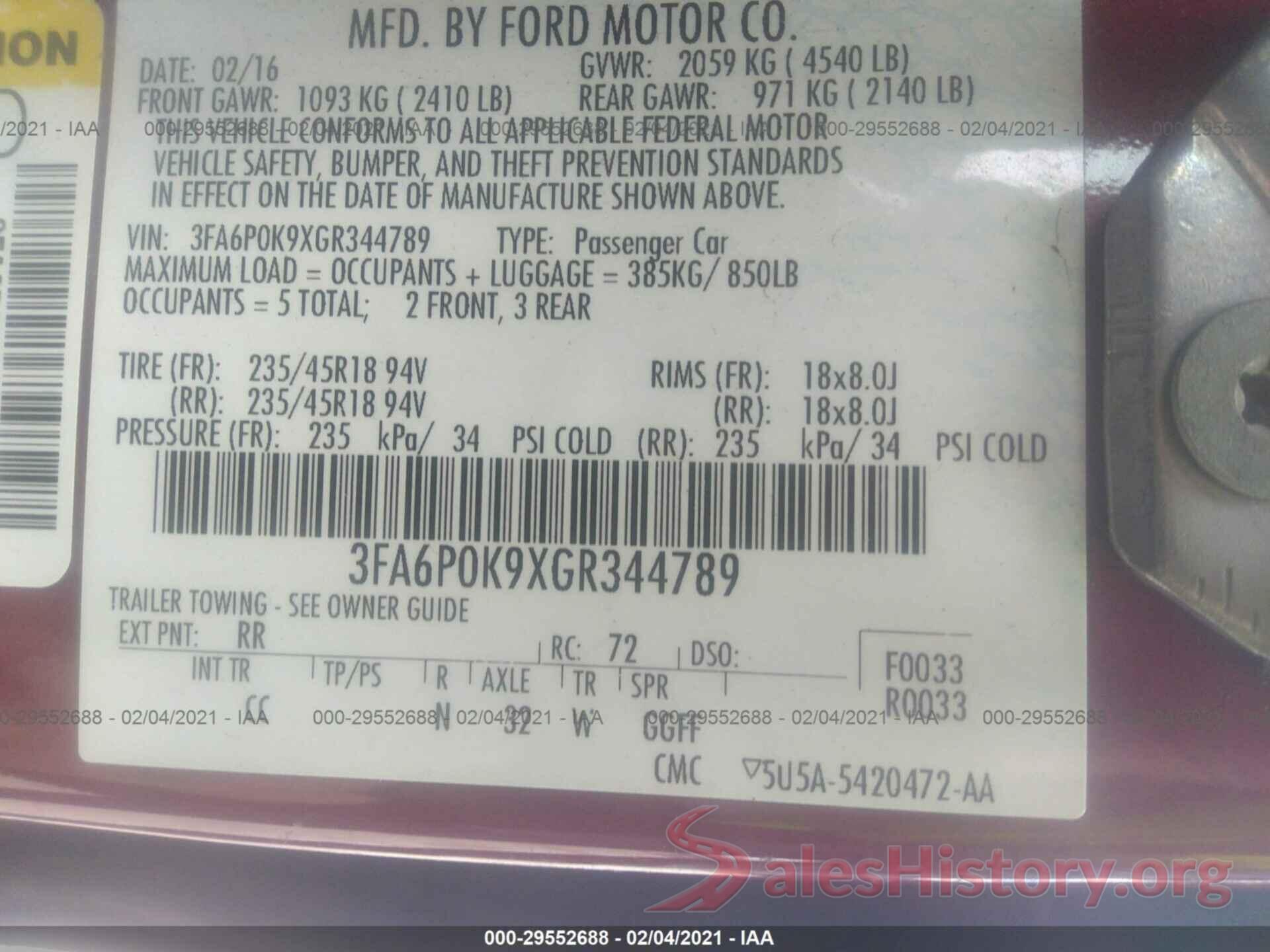 3FA6P0K9XGR344789 2016 FORD FUSION