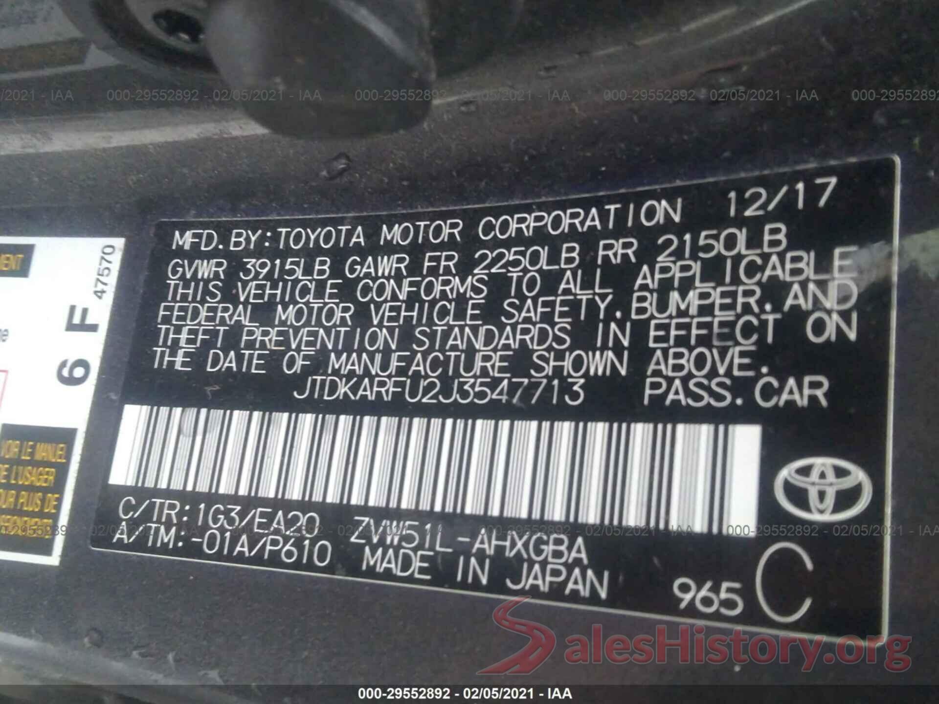 JTDKARFU2J3547713 2018 TOYOTA PRIUS