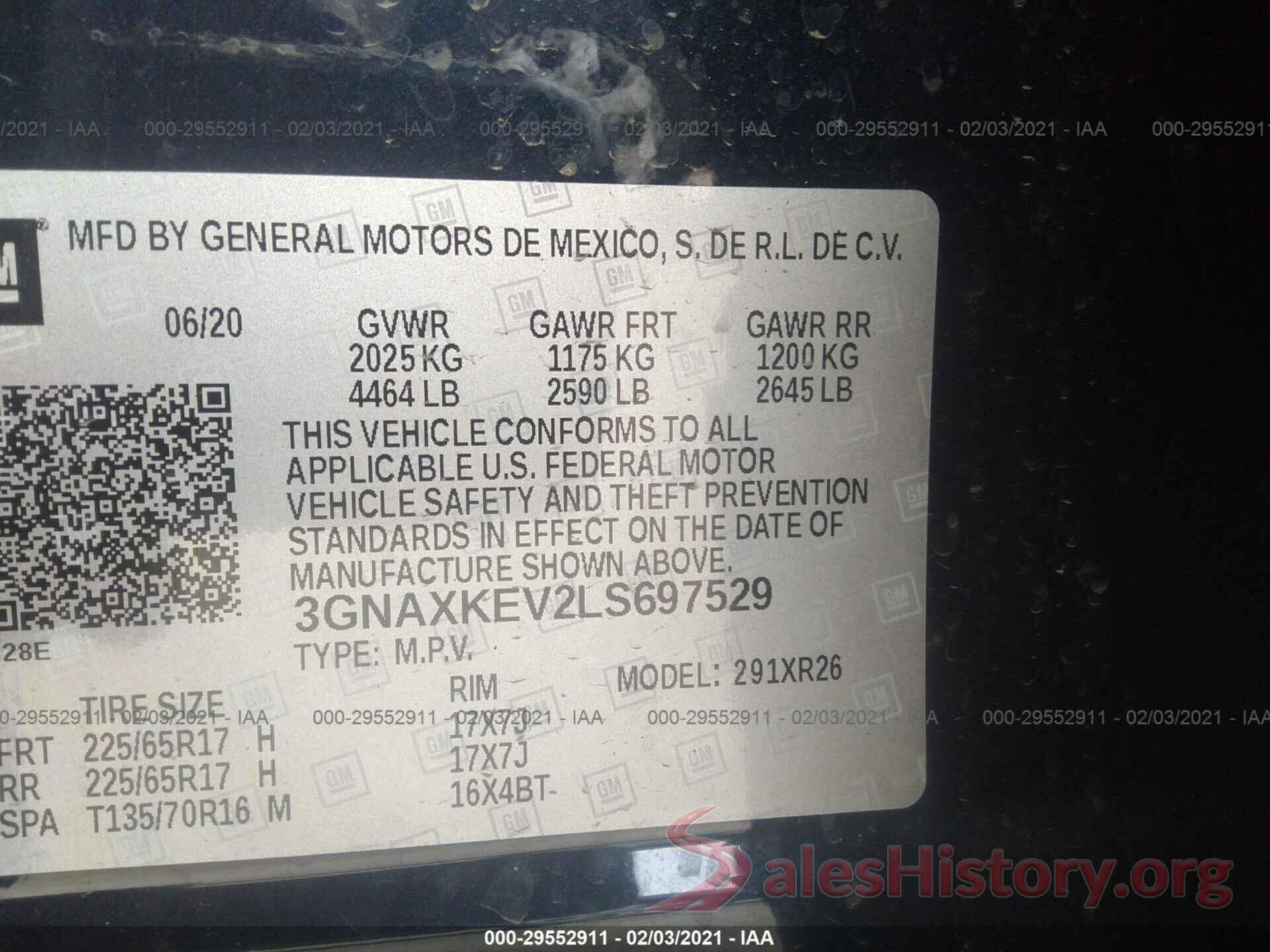 3GNAXKEV2LS697529 2020 CHEVROLET EQUINOX