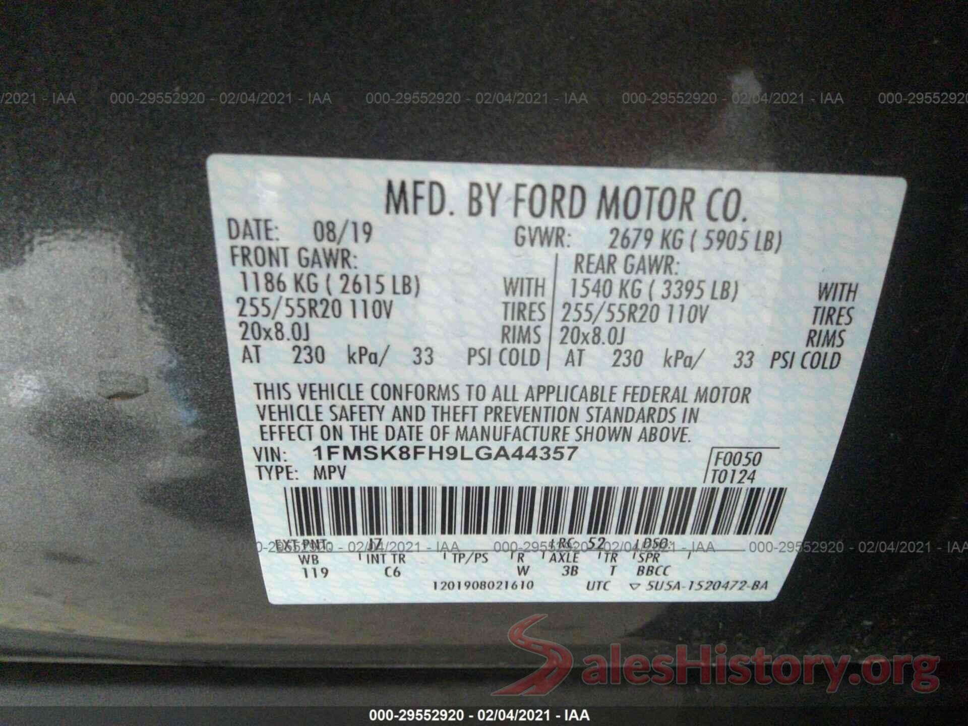 1FMSK8FH9LGA44357 2020 FORD EXPLORER