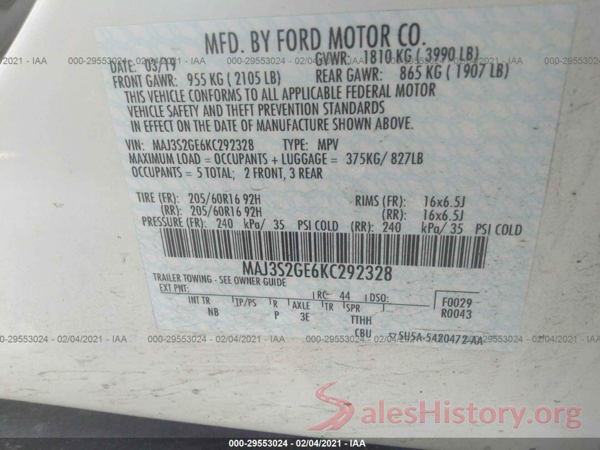 MAJ3S2GE6KC292328 2019 FORD ECOSPORT