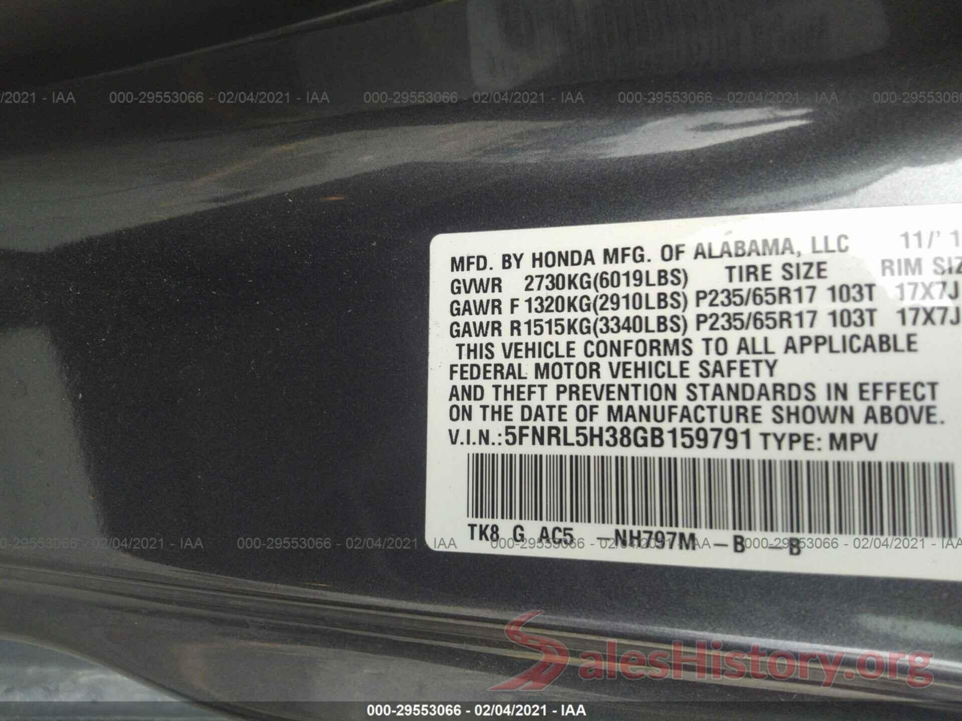 5FNRL5H38GB159791 2016 HONDA ODYSSEY