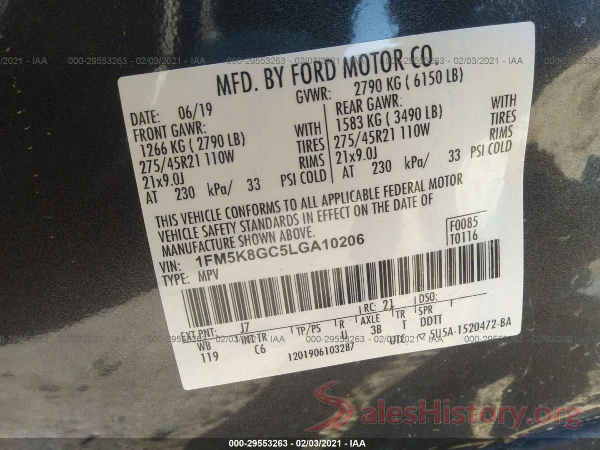 1FM5K8GC5LGA10206 2020 FORD EXPLORER