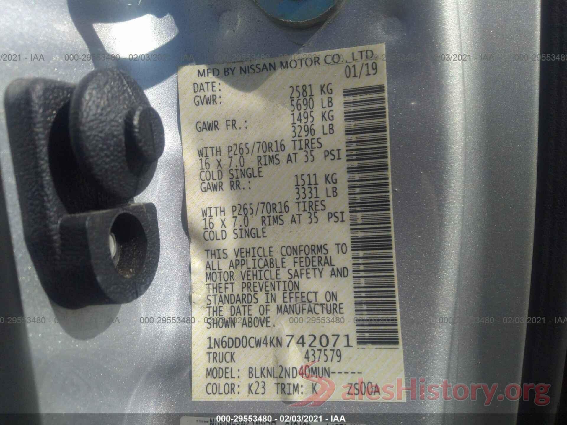 1N6DD0CW4KN742071 2019 NISSAN FRONTIER