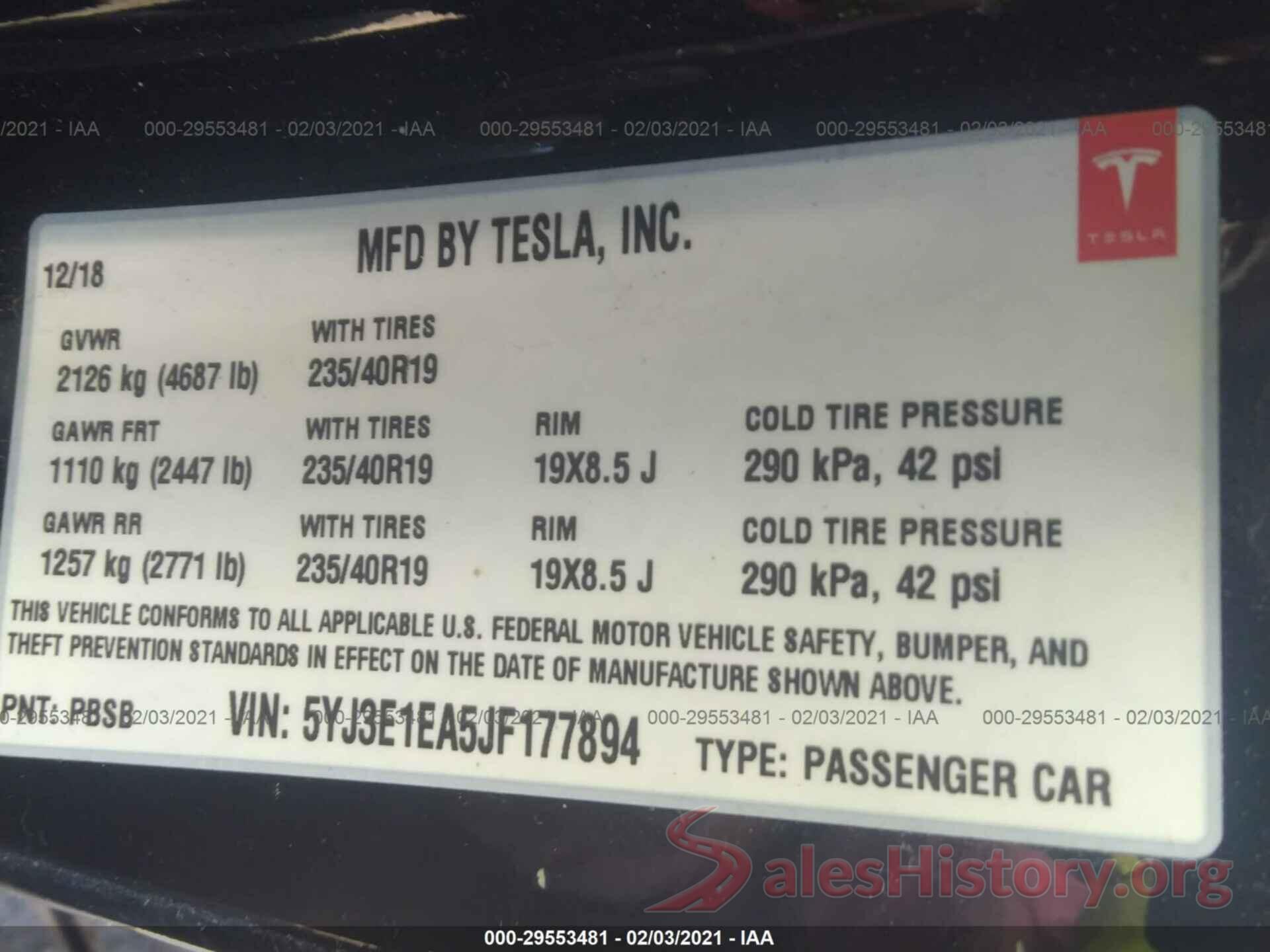 5YJ3E1EA5JF177894 2018 TESLA MODEL 3