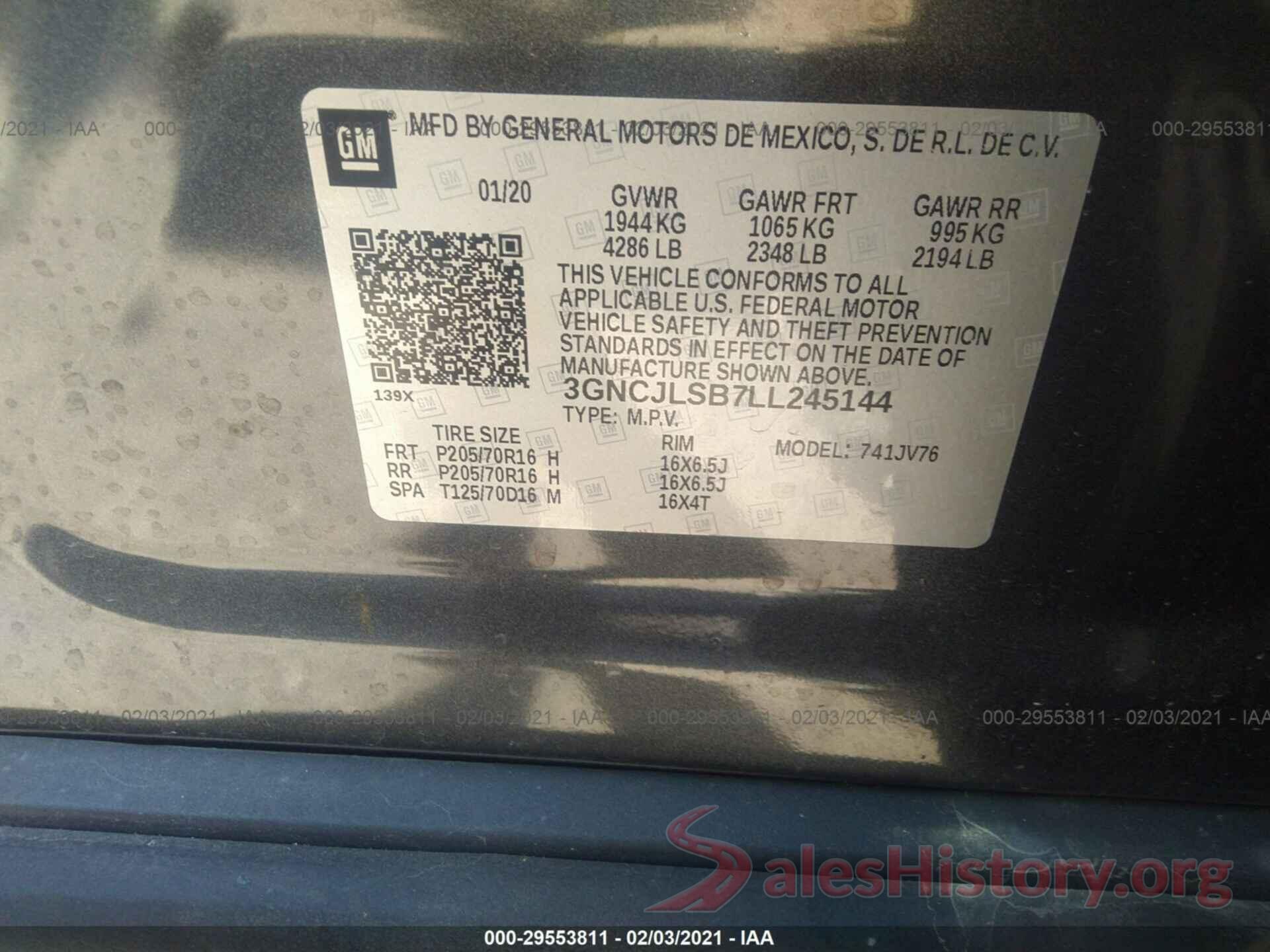 3GNCJLSB7LL245144 2020 CHEVROLET TRAX