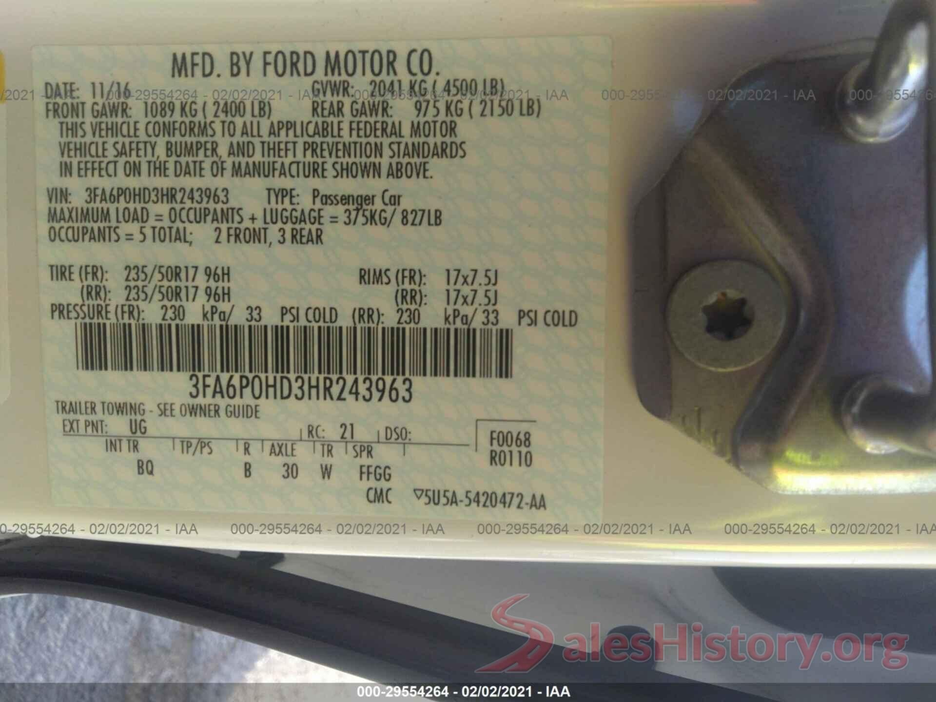 3FA6P0HD3HR243963 2017 FORD FUSION