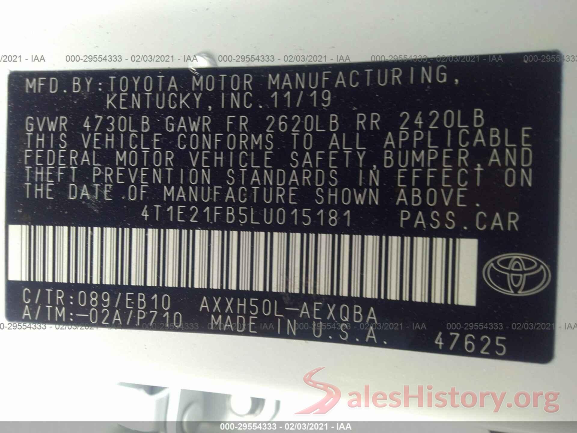 4T1E21FB5LU015181 2020 TOYOTA AVALON